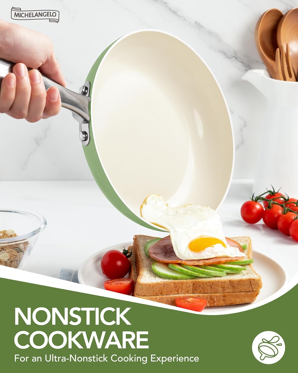 MICHELANGELO Pots and Pans Set - Nonstick Ceramic Cookware Set, 8-Piece Healthy Cooking Set, Non-Toxic, Oven Safe & Compatible with All Stovetops - Green