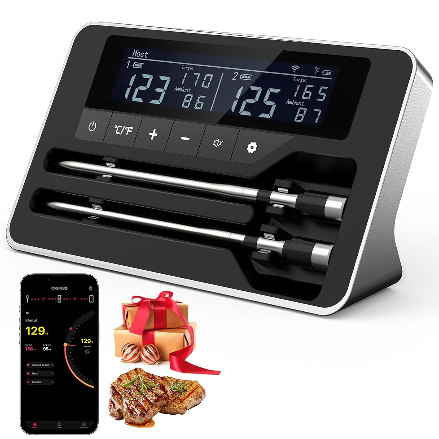 Smart Wireless Meat Thermometer Digital, Instant Read, Long Bluetooth Range, Alarm, High-Temp-Resist Food Thermometer, Kitchen Gadgets, Grilling BBQ Accessories for Smoker, Cooking, Oven, Rotisserie