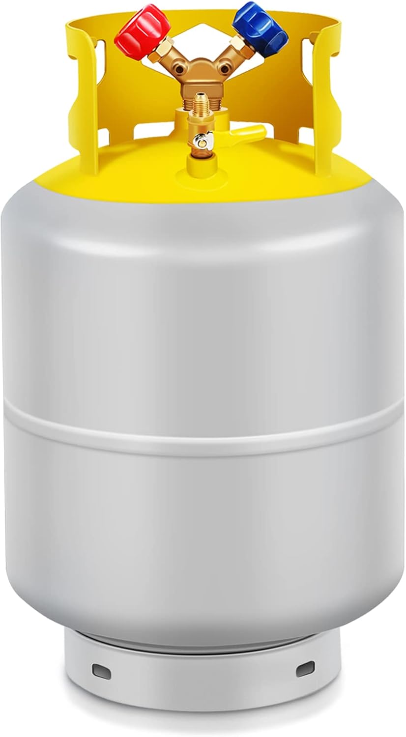 50 LB Refrigerant Recovery Tank for R410a, R12, R22, R134, Freon Recovery Tank AC Recovery Tank with Double Valve Recovery Can for Liquid/Vapor Reusable Cylinder Tank and 1/4 Sae Y Valve Gray Yellow