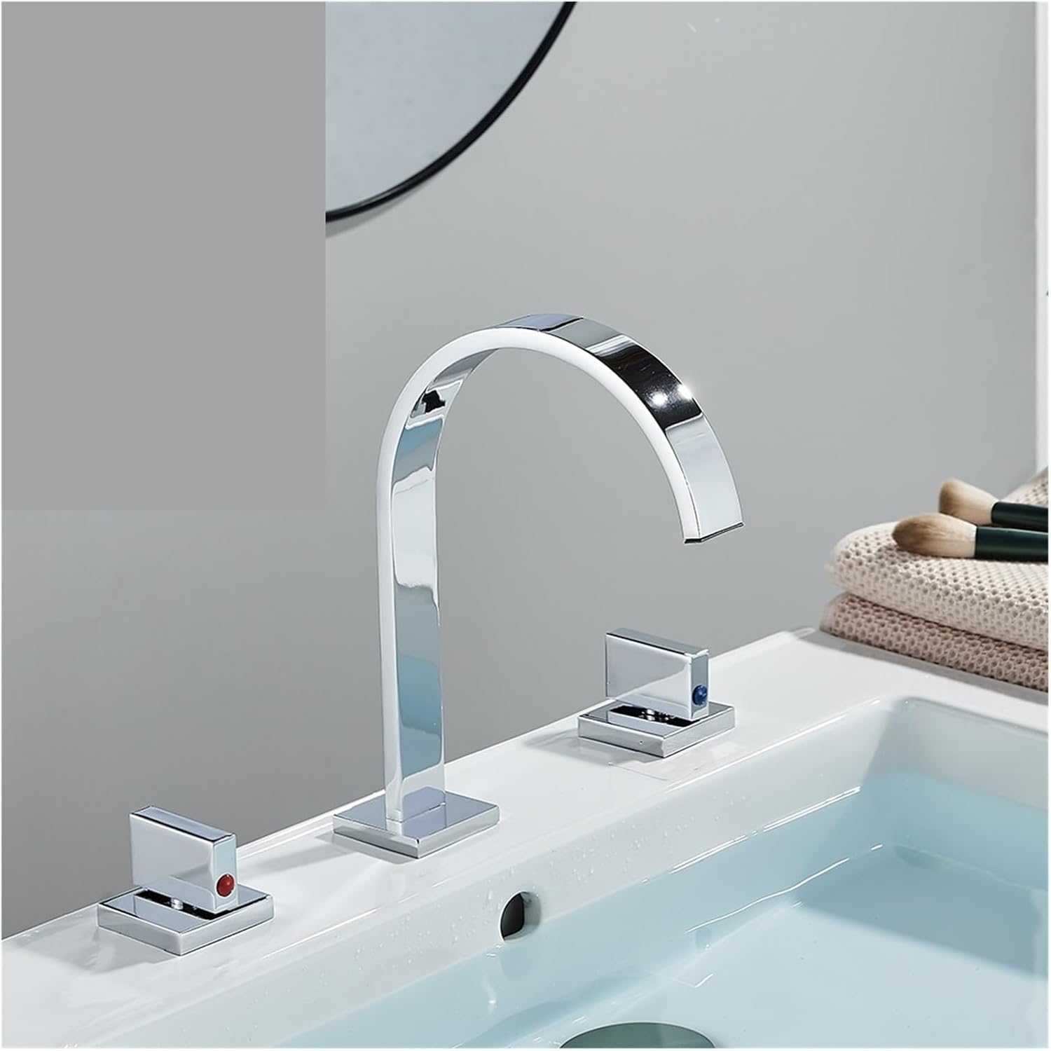Modern Waterfall Spout Bathroom Sink Double Handle Basin Mixer Faucet Deck Mount Hot and Cold(Color:Chrome)