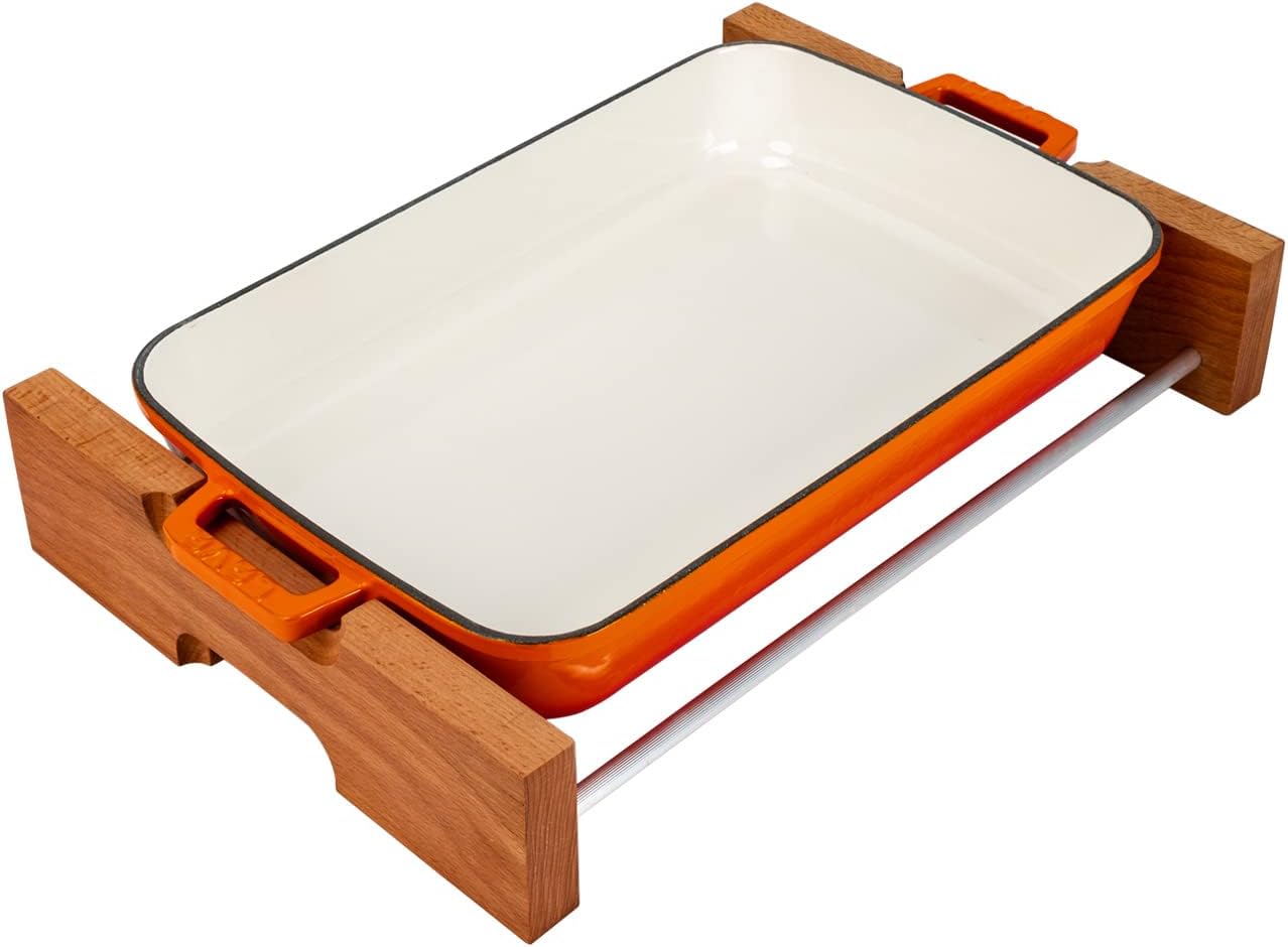 Lava Cast Iron Lasagna Pan, Three Layers of Enameled Cast Iron Lasagna Pan, Baking Tray with Service Stand, 10x16 Inch Rectangular Oven Safe Serving Dish (Orange)