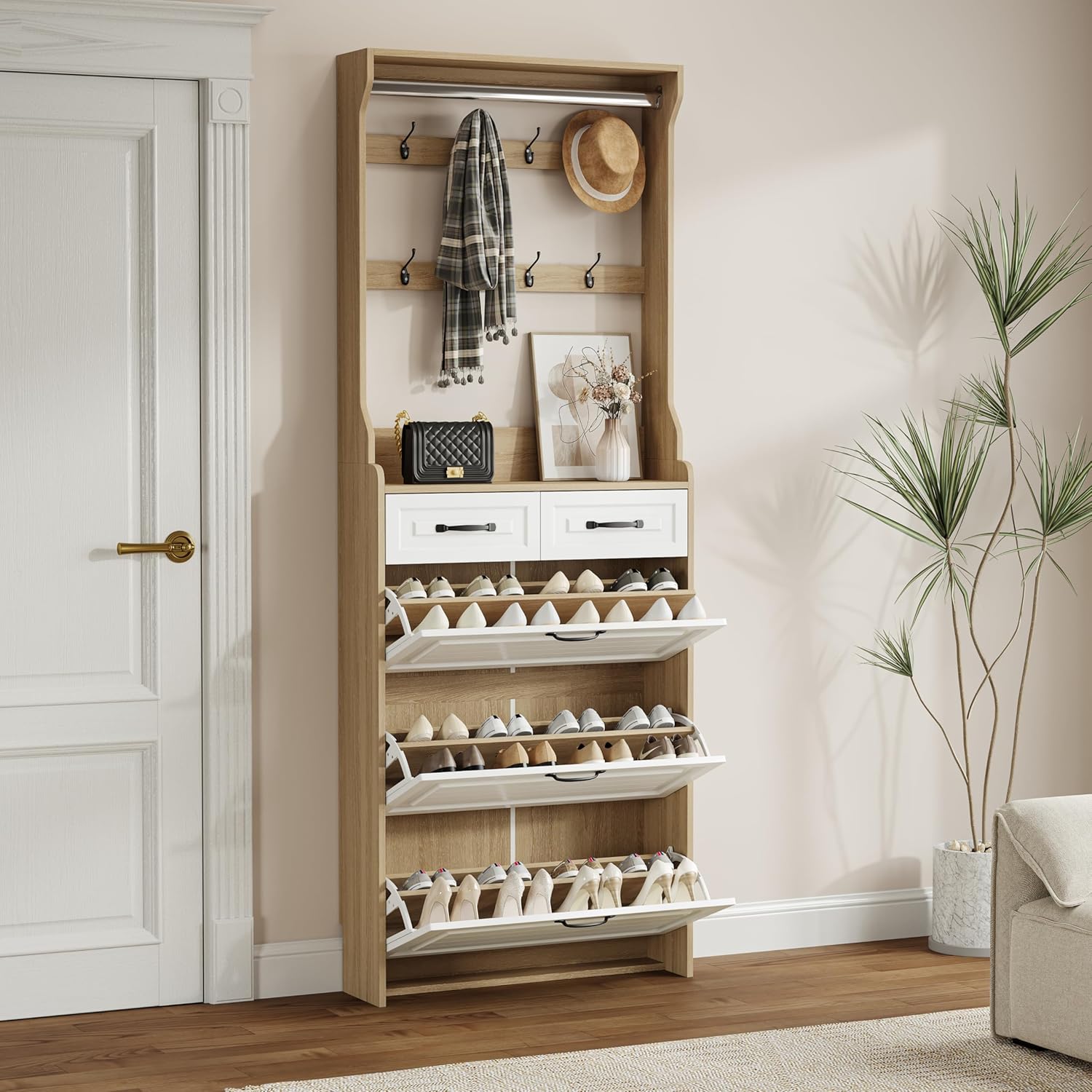 Ball & Cast Shoe Storage Cabinet with 3 Flip Drawers, Freestanding Hidden Shoe Organizer with Mirror for Entryway, Narrow Shoe Rack Cabinet,White