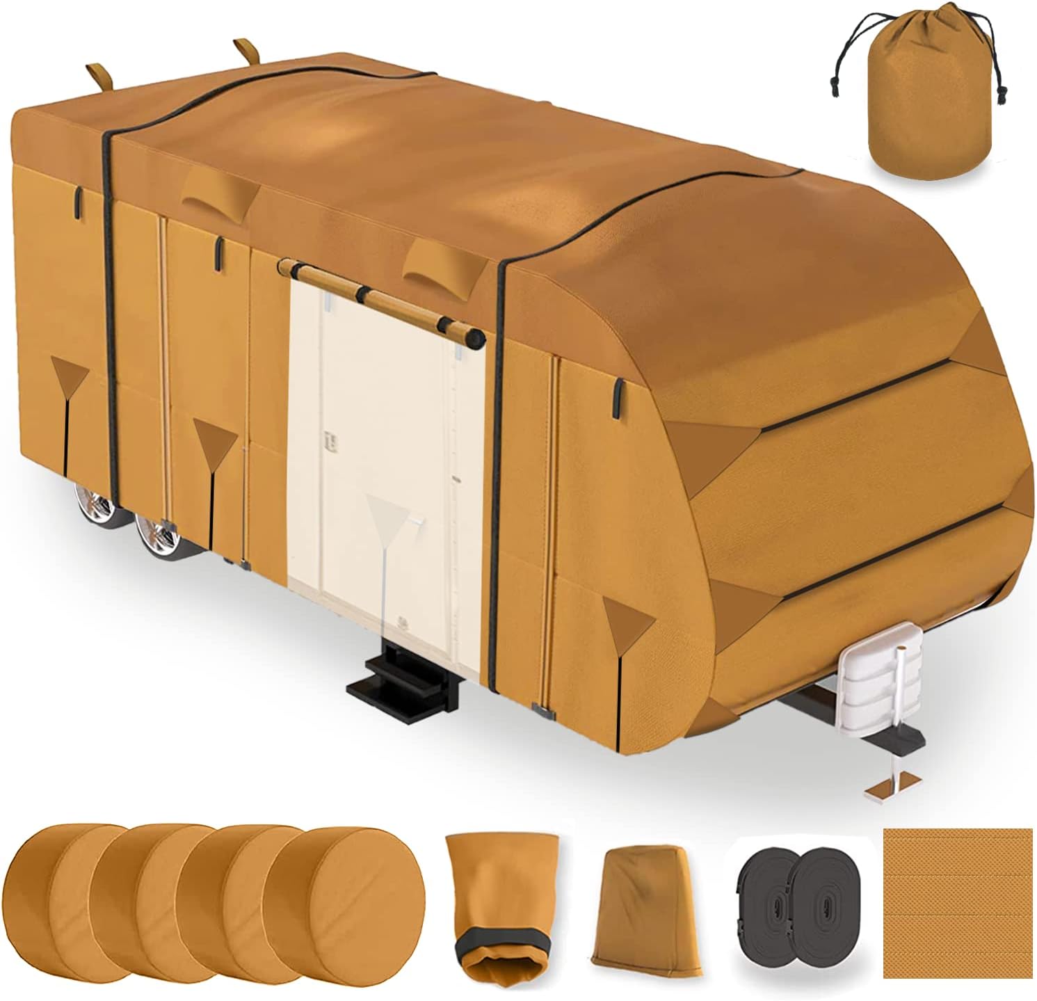 22-24ft Travel Trailer Camper RV Cover Package Premium Heavy-Duty Waterproof Anti-UV Breathable Fabric Including Jack Cover 4 Tire Covers and 2 Secure Straps