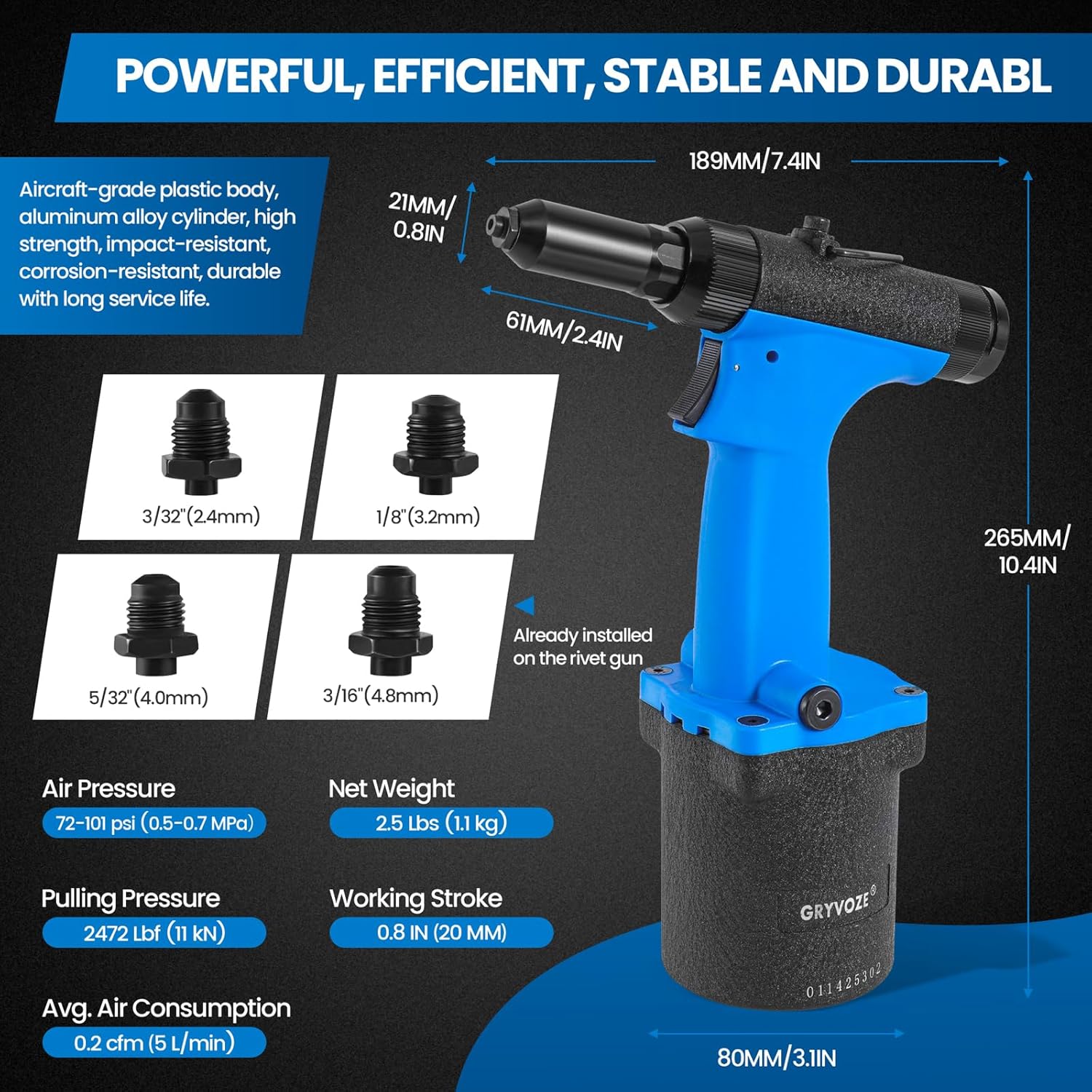 Pneumatic Rivet Gun Kit – Air Pop Riveter with 3/32