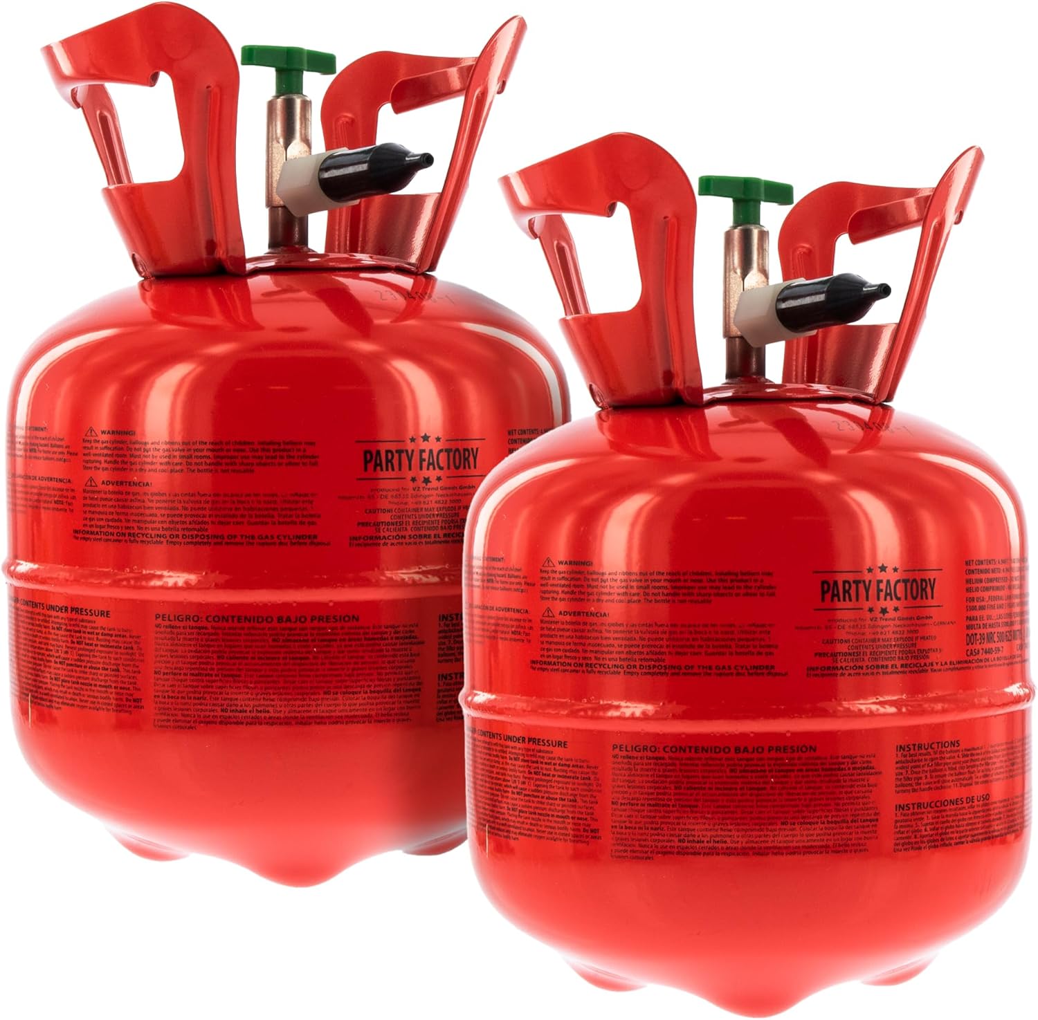 Party Factory set of 2 helium tanks for up to 20 balloons each, 2 helium cylinders with 5 cu. ft. gas each for party latex-, foil balloons