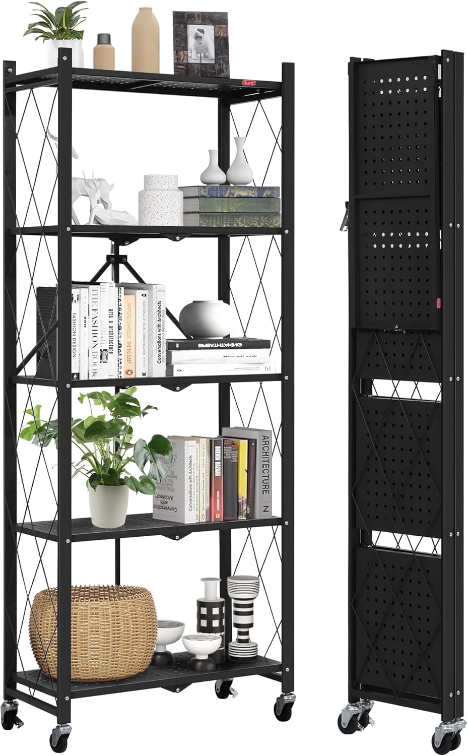 DEANIC 5-Shelf Folding Bookcase with Wheels, Heavy Duty Storage Shelves, Freestanding Metal Wire Shelving Unit for Living Room, Office, Kitchen, Basement, Pantry(White 2 Pack)