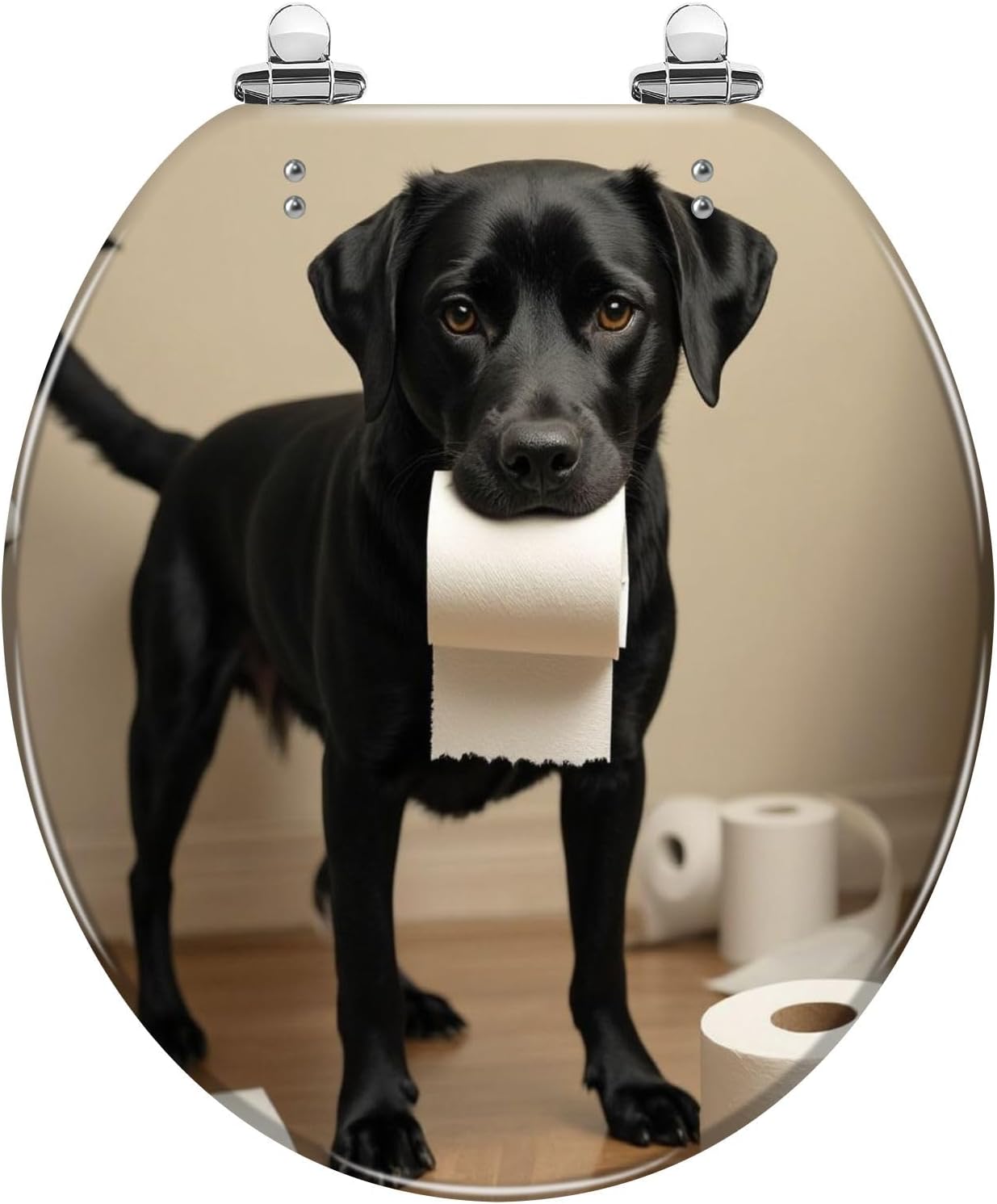 Round Toilet Seat Black Labrador Funny Toilet Paper Whimsy Dog Lovers Bathroom Humor Quiet Close Strong Stainless Steel Hinges Resin Toilet Seat Easy to Install Easy to Clean