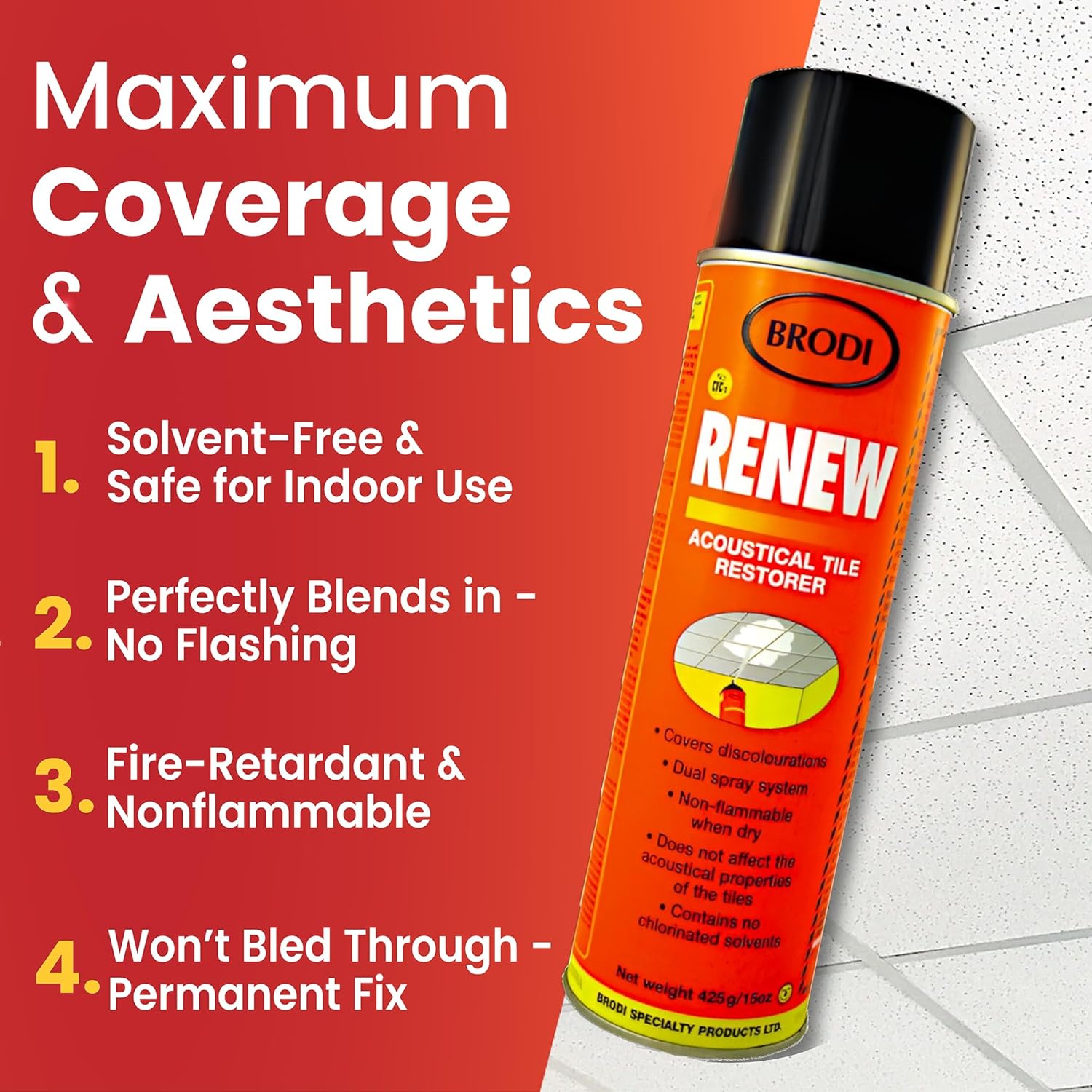 Renew Ceiling Tile Spray Paint, Commercial-Grade, Conceals Water & Smoke Stains, Fire-Retardant, Preserves Acoustics (Pack of 3)