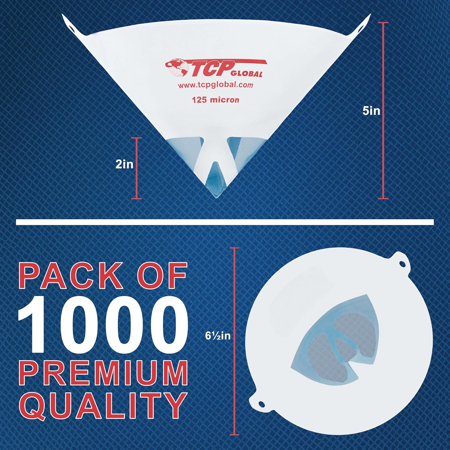 TCP Global - 125 Micron Filter Tips Ultra-Fine Paint Strainer (Case of 1000) - Pure Blue Nylon Mesh Cone Strainer - Paint Filter Cones for Auto, House & Hobby