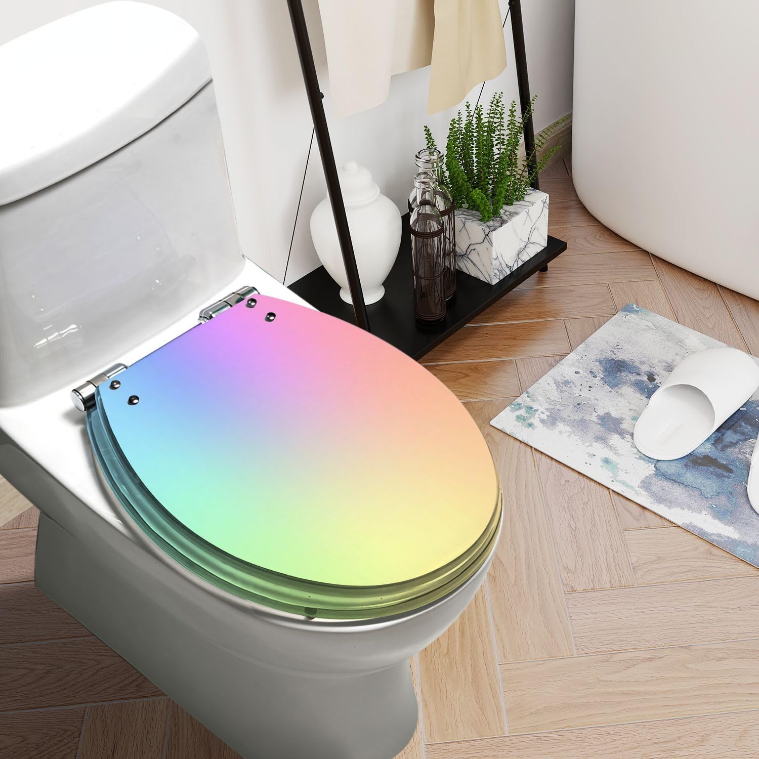 Round Toilet Seat Holographic texture rainbow pastel color iridescent Holographic foil Resin Toilet Seat Slow Quiet Close with Quick-Release Hinges Toilet Seat with Cover Easy to Clean Install
