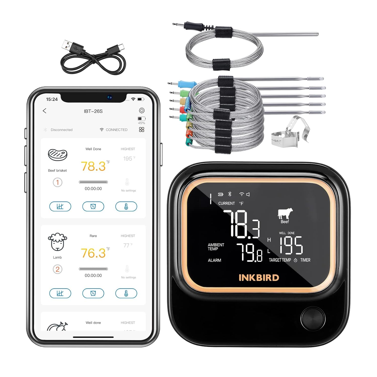INKBIRD 5GHz/2.4GHz WiFi & Bluetooth 5.1 Meat Thermometer, 6 Probes WiFi Meat Thermometer for Smoking Grilling Wireless Meat Probe for BBQ Oven