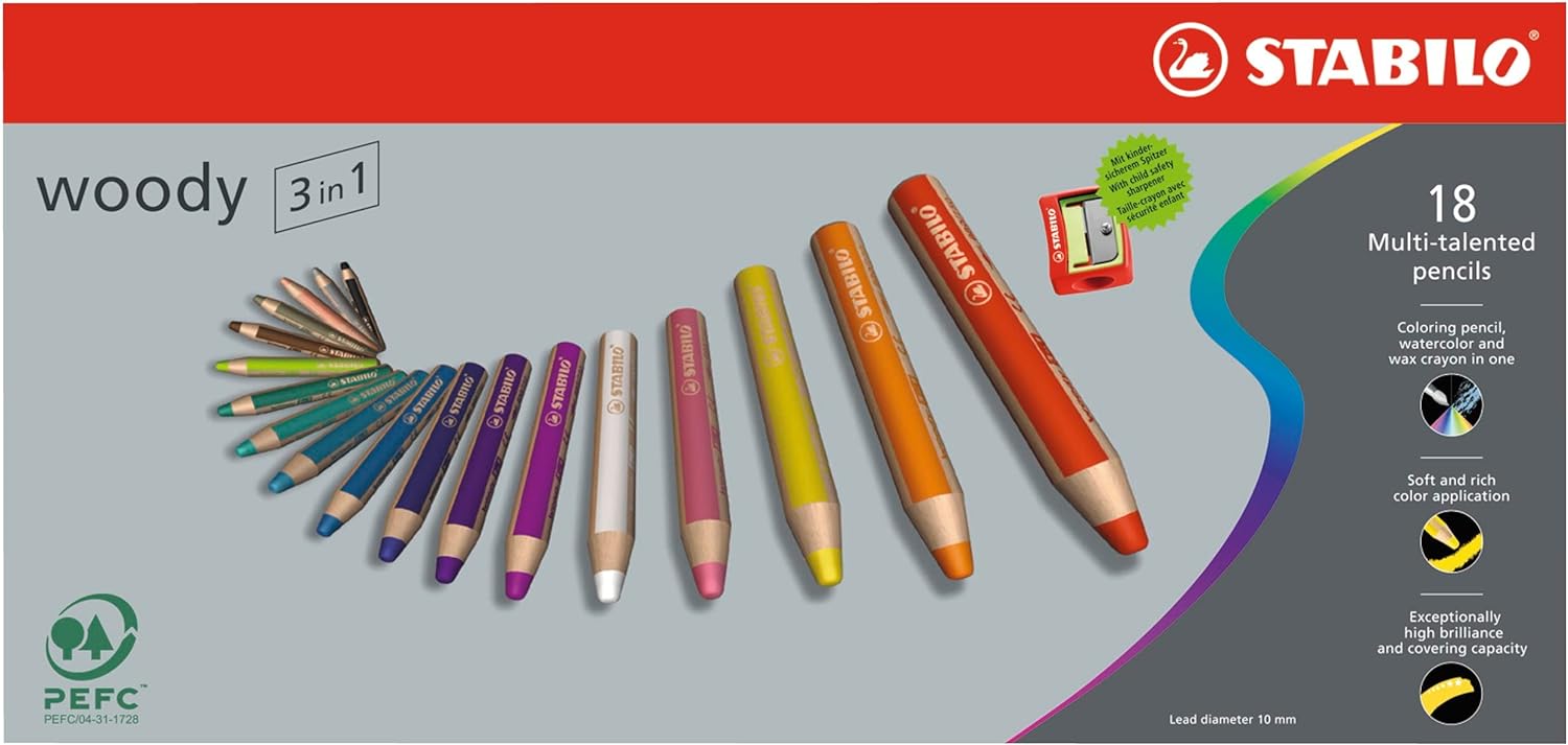 STABILO Multi-talented Pencil woody 3-in-1 - Wallet of 18 - Assorted Colors + Sharpener