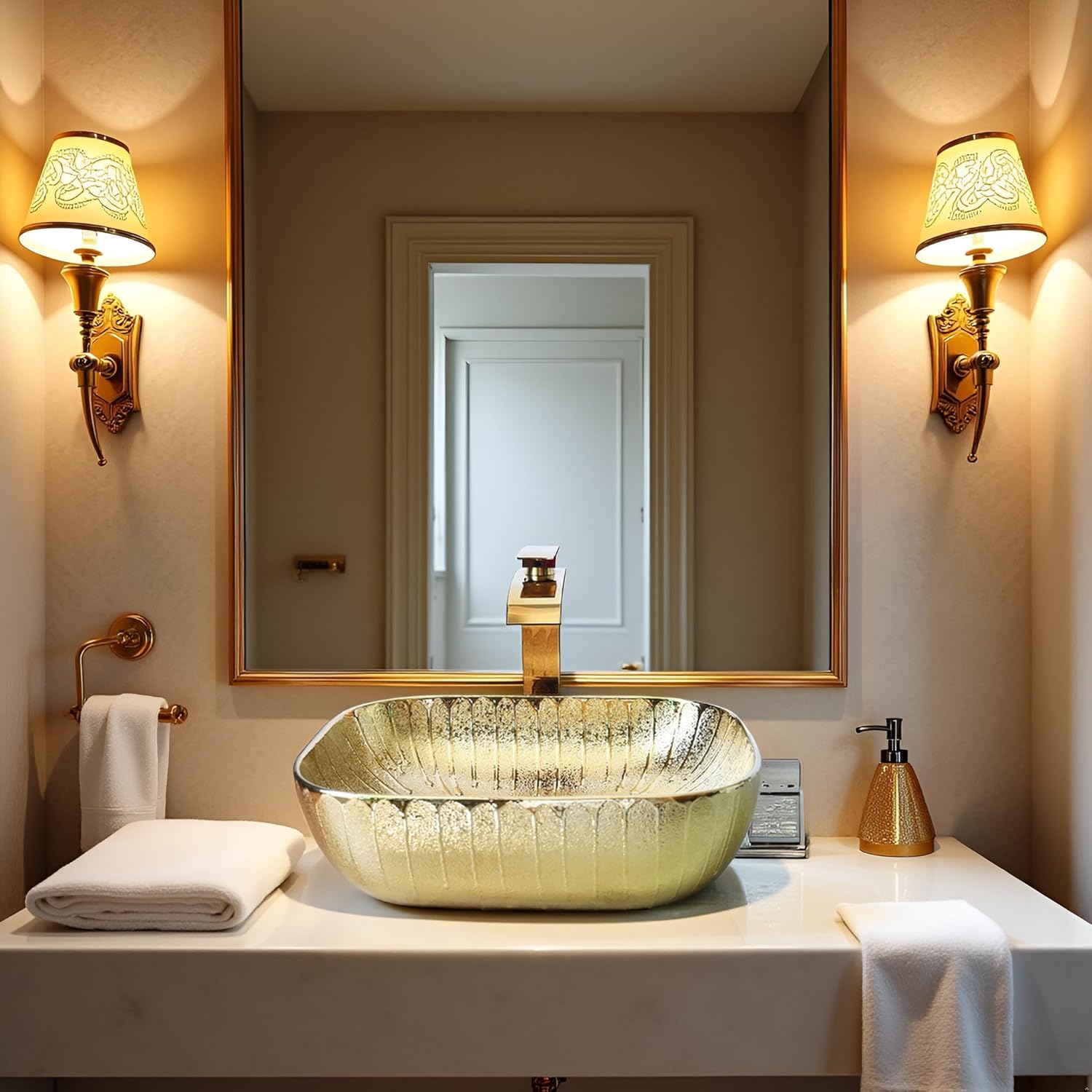 Gold Bathroom Sink Ceramic Vessel Sink with Waterfall Faucet and Drain Combo Rectangular Vessel Sink Above Counter Artistic Bowl Sink