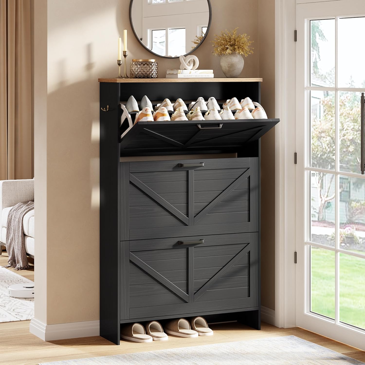 Nicetree Shaker Barn Door Shoe Cabinet - 3 Flip Drawers & 3-Tier Adjustable Shelves, Ultra Slim Freestanding, Modern Rustic Brushed White Farmhouse Shoe Rack for Entryway, Hallway, Foyer & Mudroom