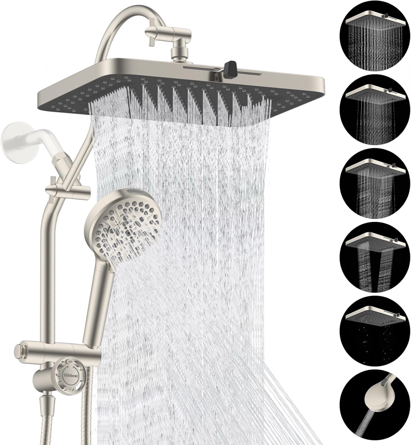 Hibbent Upgraded 13'' Shower Head Combo, High Pressure 5 Spray Rainfall Showerhead, 10 Spray Mode Handheld, All Metal Easy Reach 4-way Diverter Shower Arm with Pause Mode, 71'' Hose and Holder, Black