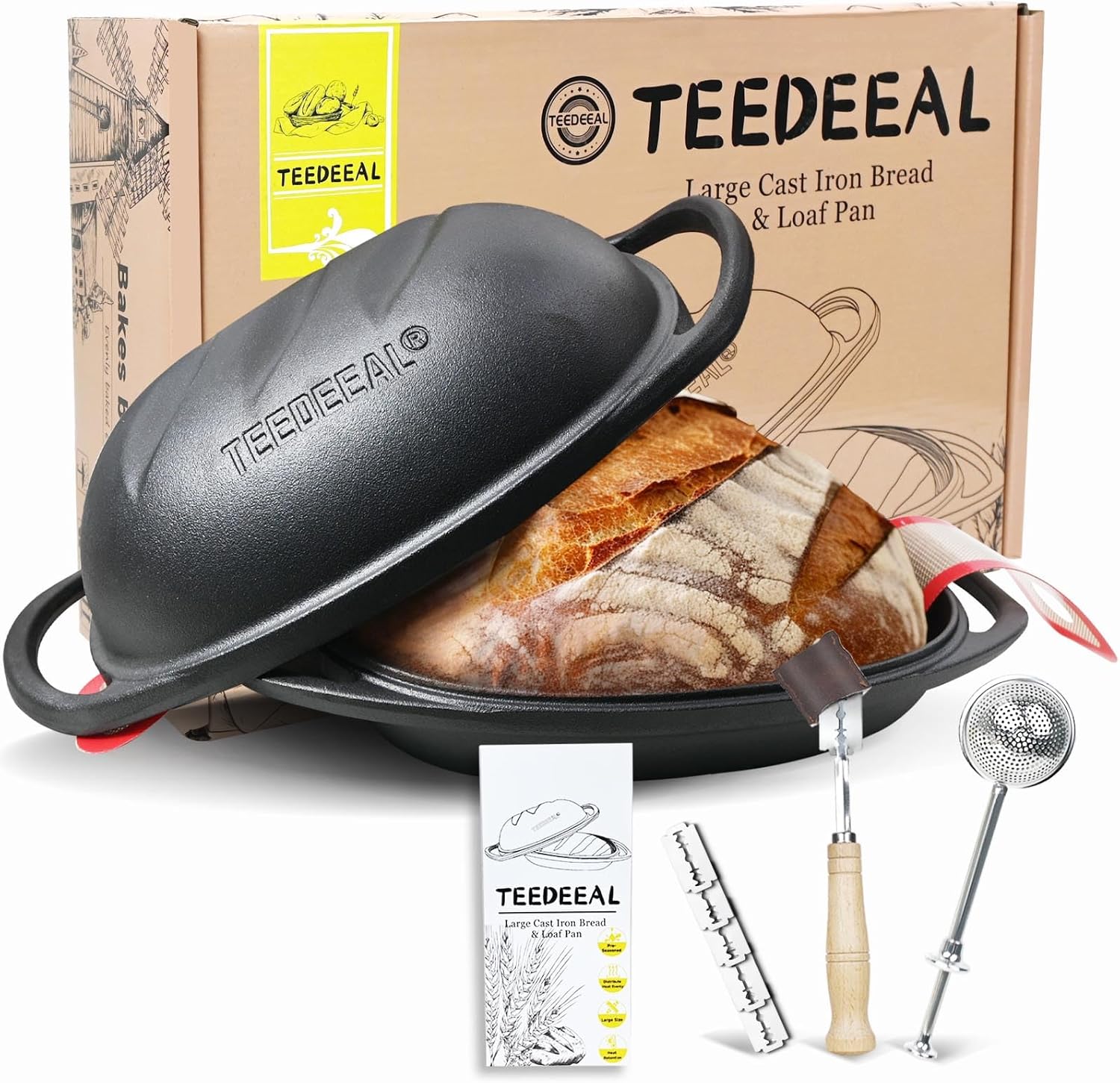 9.2 QT Heavy Duty Pre-seasoned Cast Iron Bread Pan, Large Loaf Dutch Oven with Lid, Sourdough Bread Baking Pan - Compatible with Ceramic/Cooktops/Ovens/Grill/Campfire - with lame, Flour Duster, etc