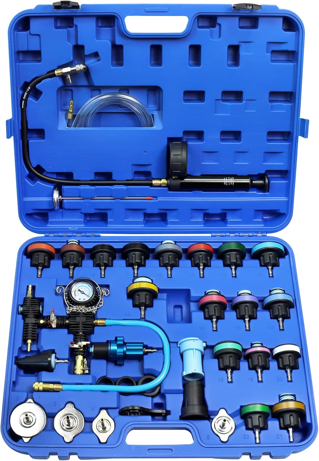 JoyFans Radiator Pressure Tester and Cooling System Pneumatic Vacuum Coolant Refill Tool 33Pcs Automotive Kit with Pressure Gauge, Radiator Adapters for Most Cars, Trucks, Airlift Blue