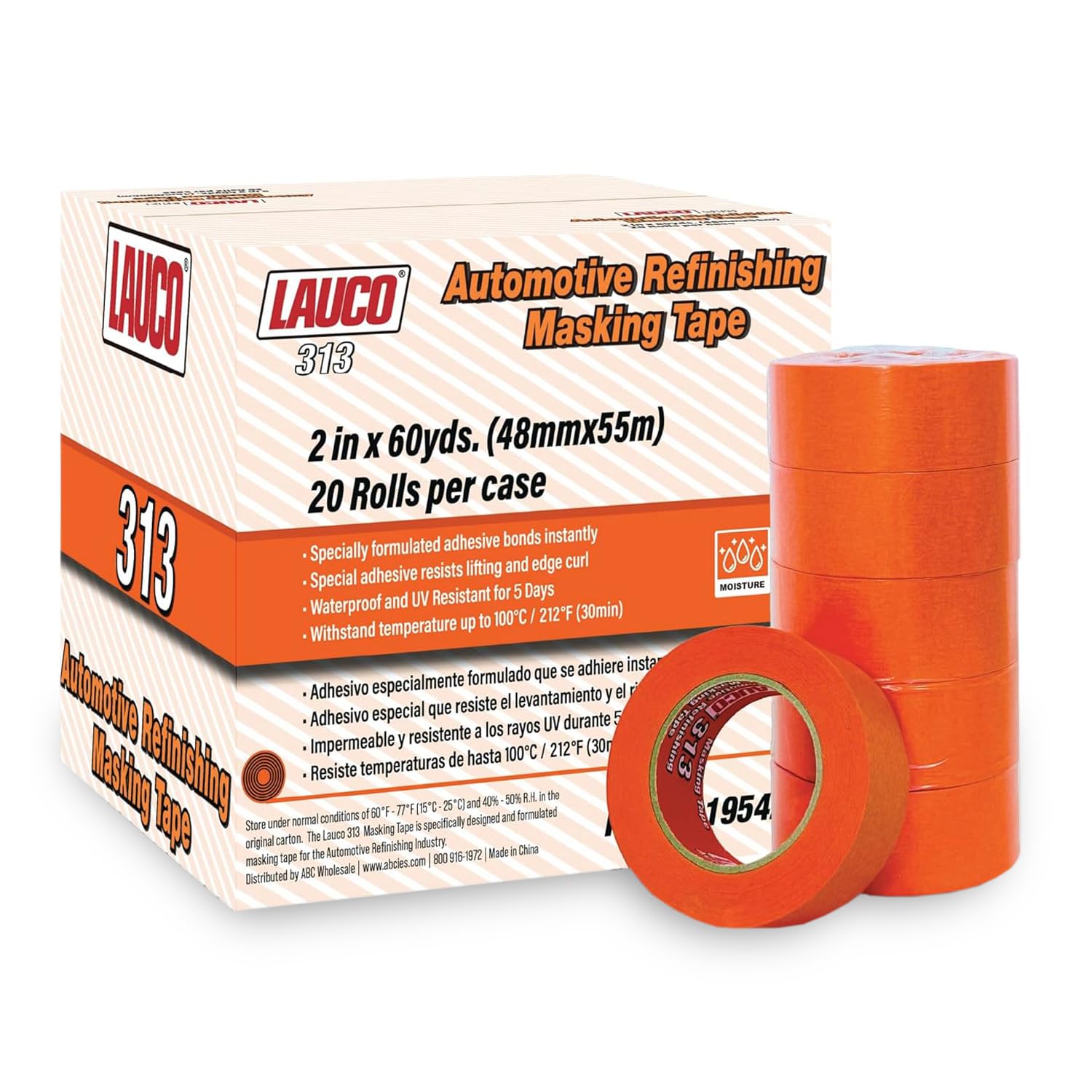 LAUCO Orange Automotive Refinishing Masking Tape 2 in x 60 yd (20 Rolls) – Autobody Painters Tape, UV, Moisture & Heat Resistant, No Residue, Multi-Purpose Bulk