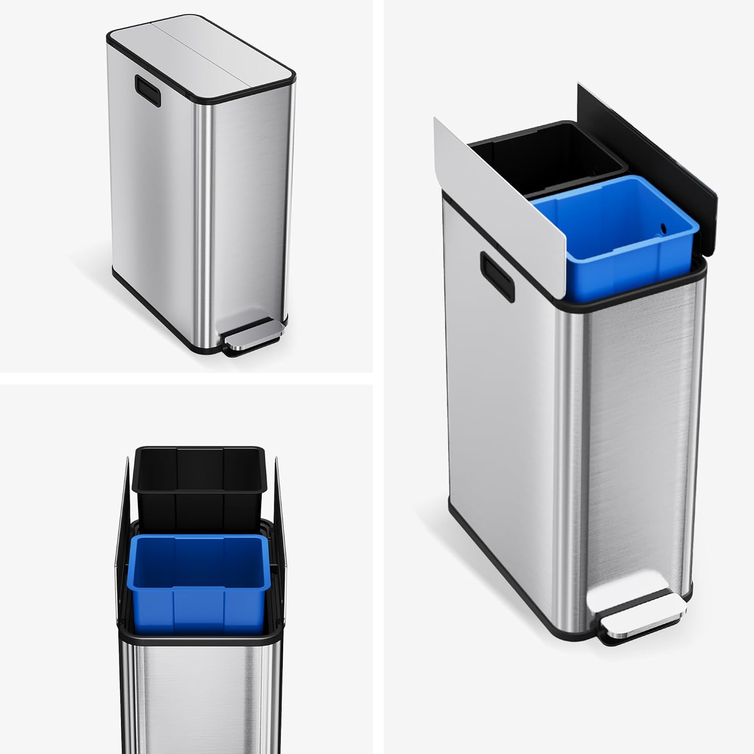 GarveeHome 56 L/14.8 gal Step-On Kitchen Trash Can with Butterfly Lid,2 * 7.4 gal Dual Compartments Garbage Can with Wing Lid, Slim Pedal Stainless Steel Trash Bin with Removable Buckets