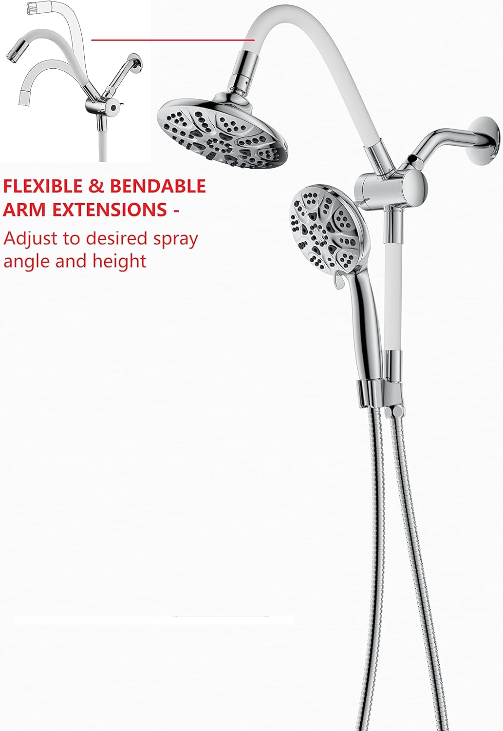 NEW Flexible Dual Shower Head with Handheld Combo with 5-ft Shower Hose - 6-Spray Settings, Brass Connectors, Pause/Water-Saving Function, Bendable Extension Arm (Chrome) - BSS116201CP