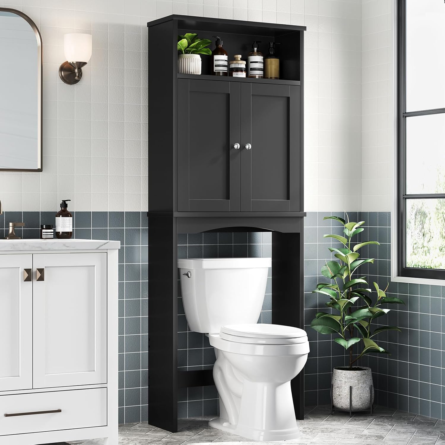 Over The Toilet Storage Cabinet, Over Toilet Storage Bathroom Organizer with Inner Adjustable Shelf and Top Open Storage Above The Toilet Storage Cabinet Behind Toilet Bathroom Cabinet, White