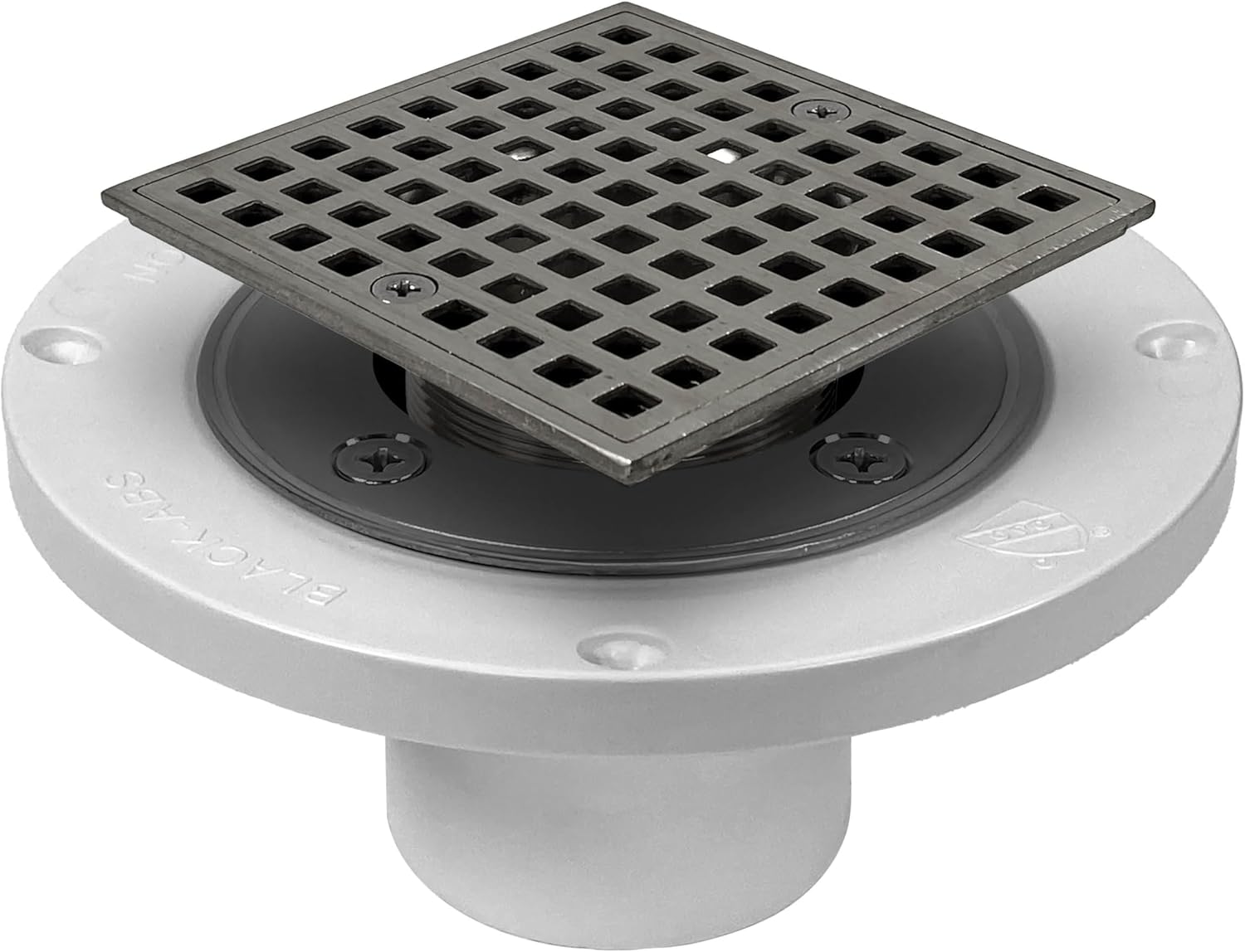 Freestyle Thin Bed Clamping Ring Drain with Square Design Strainer. Easy to Install in tile showers. Ideal for Bathrooms and Kitchens. Durable Construction (PVC, Brushed Nickel Strainer)