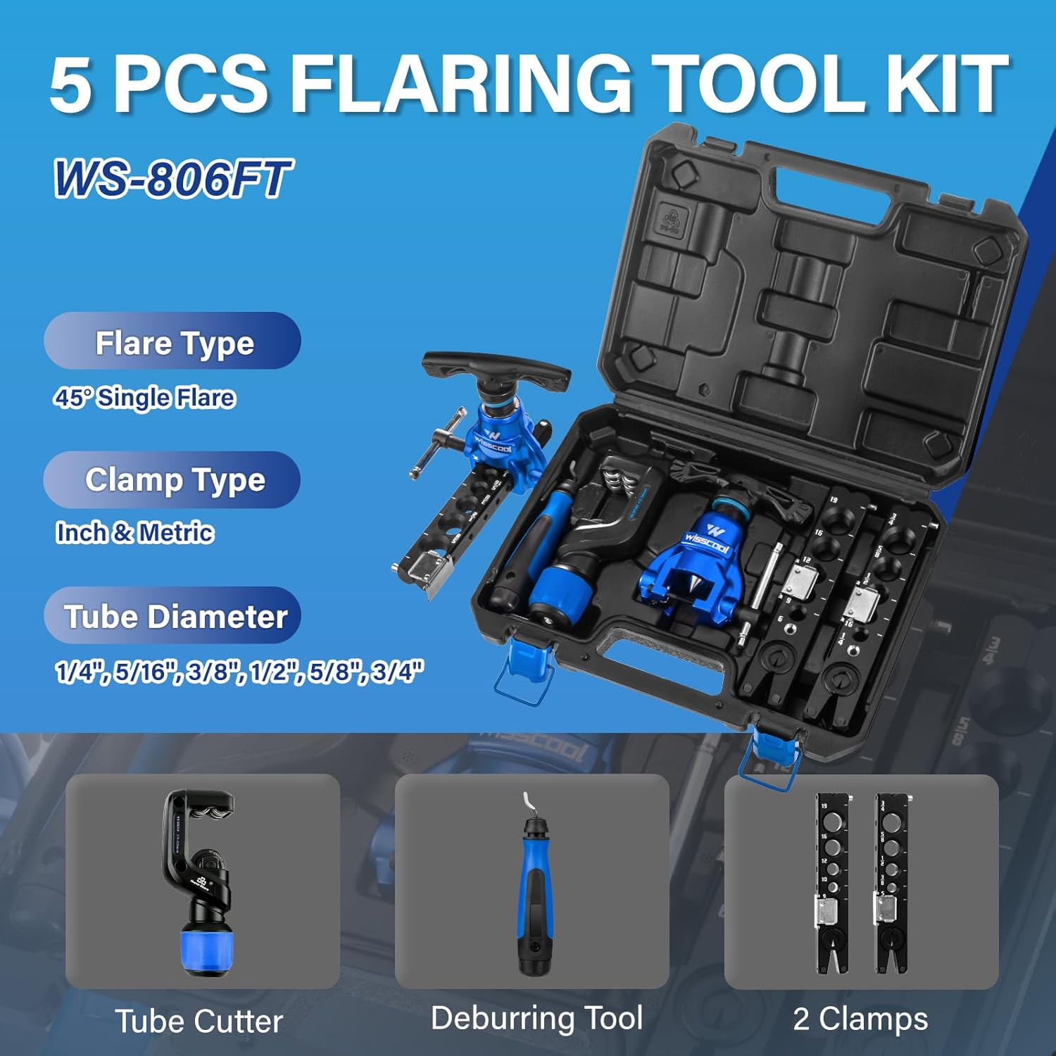 Flaring Tool Kit 1/4”-3/4” and 6-19mm, Single 45° 6 Dies Eccentric Tubing Flare Tool with Clutch Deburring Tool Cutter for Copper Pipe Tube(5 in 1 Set)