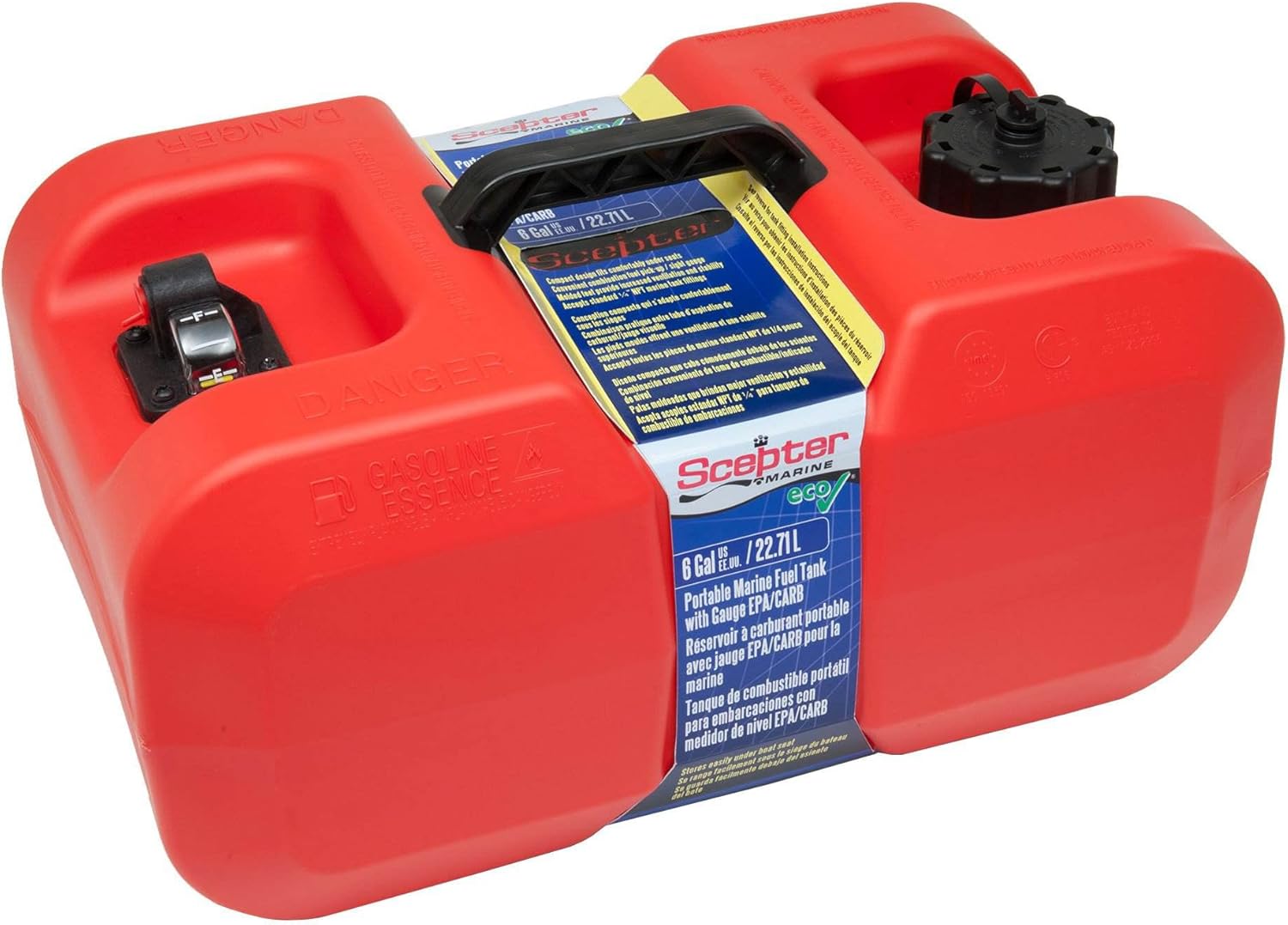 Scepter 9 Gallon Portable Marine Gas Can, Boat Fuel Tank, 2-Way Vented Cap, Built-In Fuel Gauge and Pick-Up, Handles, EPA & CARB Compliant, Rectangular, 22.9