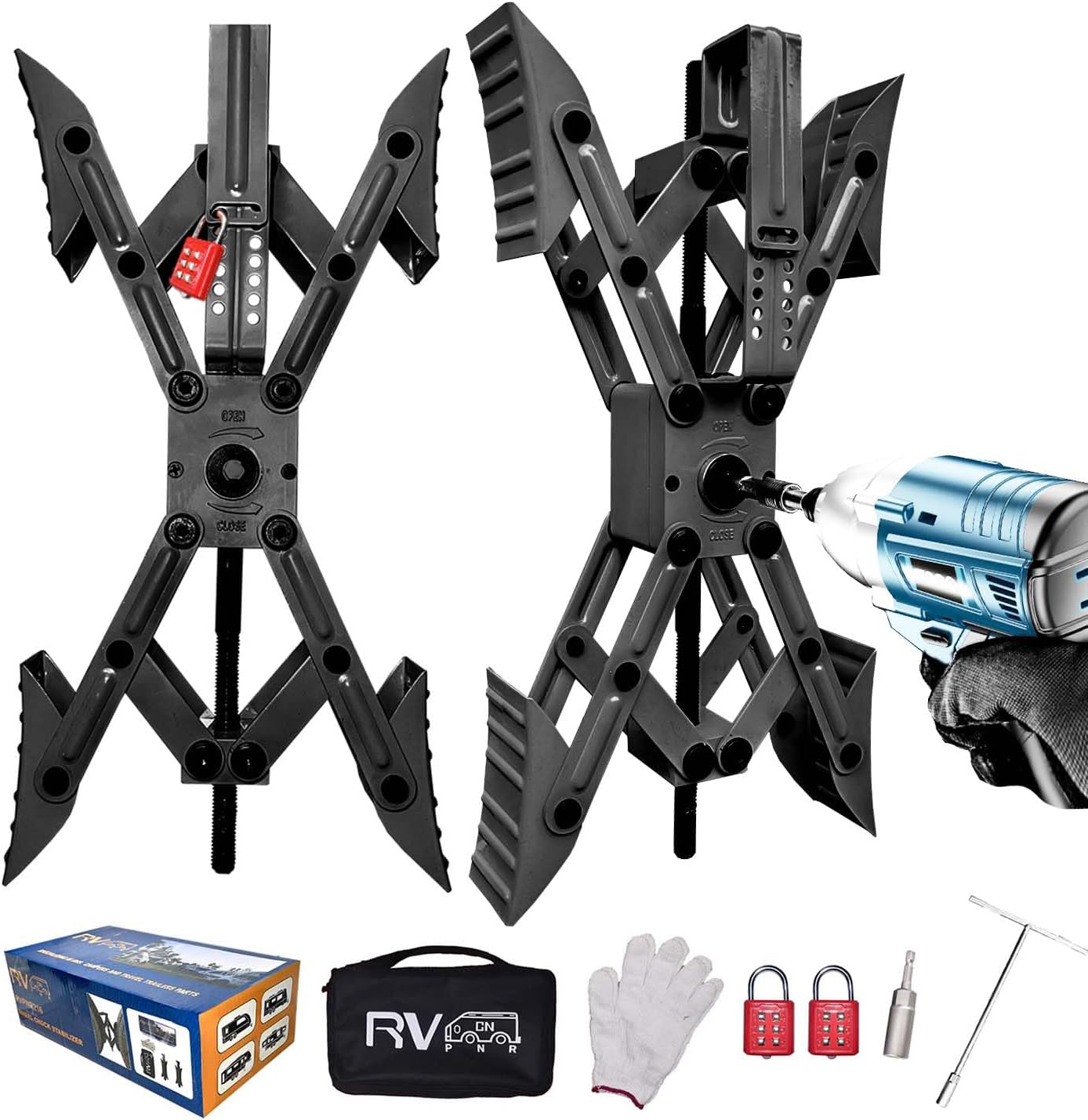 Camper X-Shaped Wheel Chock Stabilizer, 2 Sets RV Stabilizer Wheel Chock Scissor, X Chocks Wheel Stabilizer for Travel Trailer Allow Drill Adjust with Hex Socket, Tool Kit and Password Locks-Black