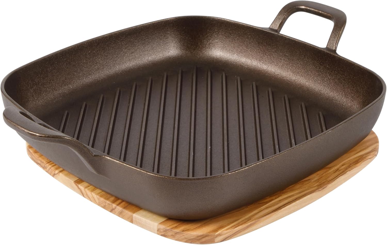Bloomhouse Natural Bronze Finish 13-Inch Round Cast Iron Everyday Pan – Olive Oil Treated Cooking Surface with Dual Handles & Olive Wood Trivet, Oven, Stovetop & Campfire Safe