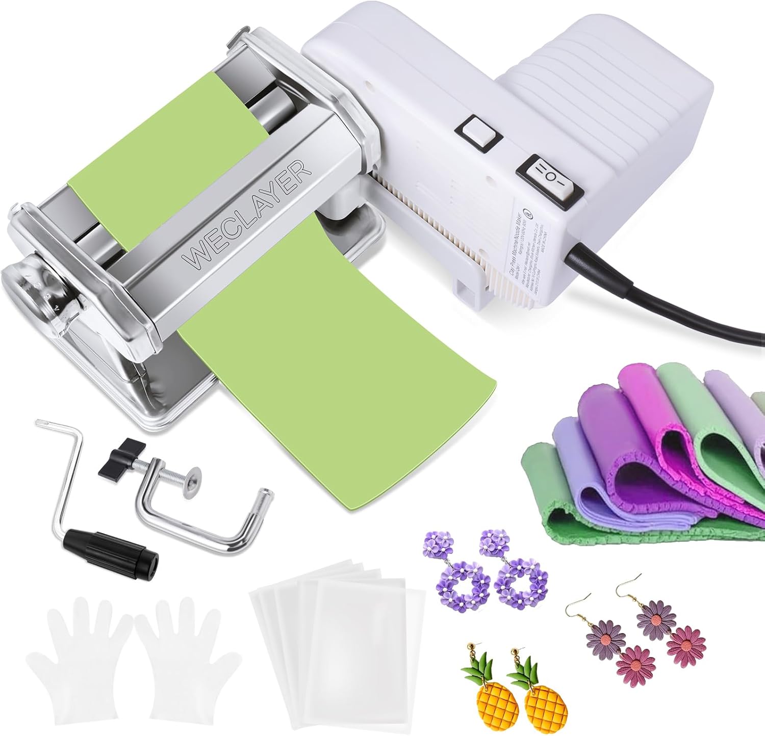 WECLAYER Electric Polymer Clay Press Machine Set,Dual Mode Clay Roller Machine,Clay Pasta Machine with 7 Thickness,Includes 100Pcs Non-Stick Sheets,Gloves,Polymer Clay Tools for Clay Earring Making