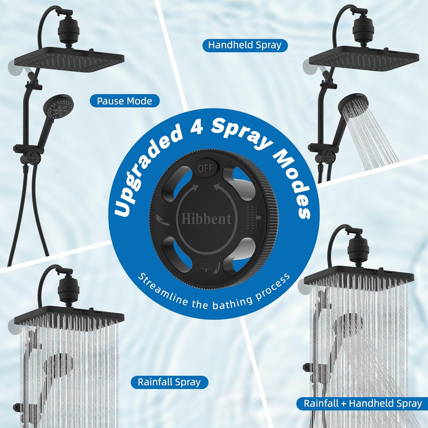Hibbent Upgraded 13'' Shower Head Combo, High Pressure 5 Spray Rainfall Showerhead, 10 Spray Mode Handheld, All Metal Easy Reach 4-way Diverter Shower Arm with Pause Mode, 71'' Hose and Holder, Black