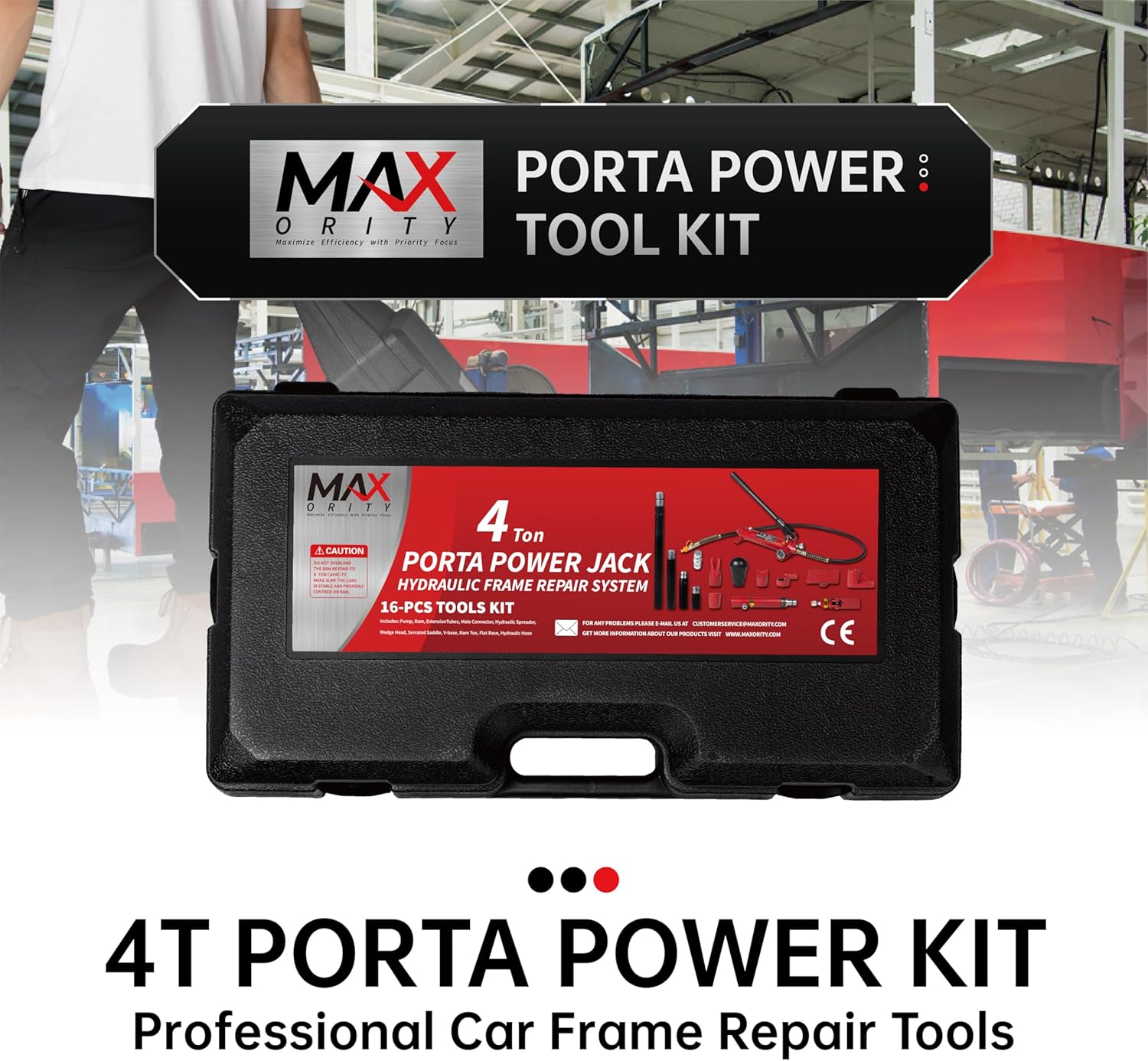 4 Ton (8800 lbs Capacity) Porta Power Jack Hydraulic Ram Auto Body Frame Collision Repair Kit Set, 16-Pcs, with Blow Mold Carrying Case for Cars, Trucks, SUVs & More