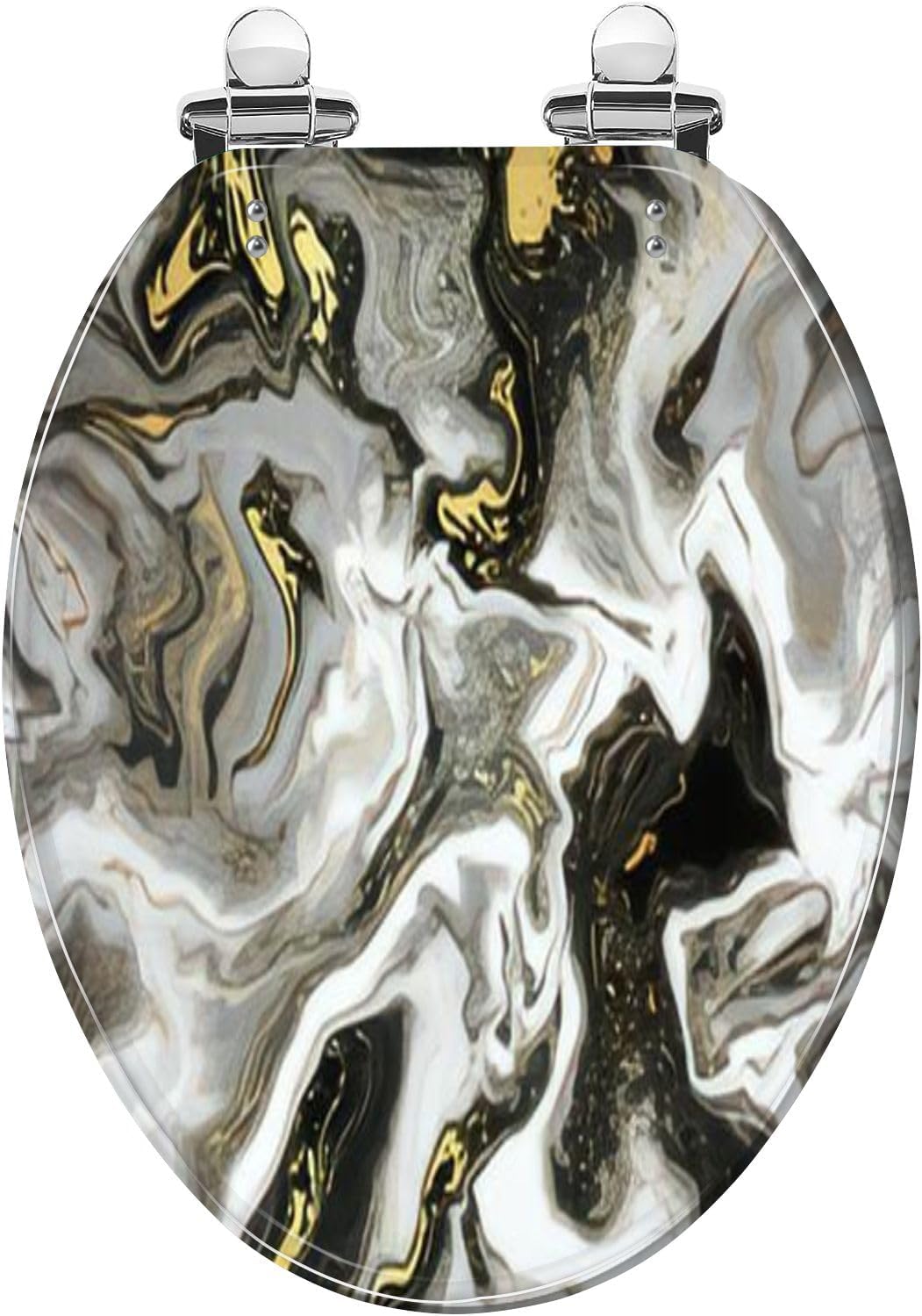 Elongated Toilet Seat Golden White Black Grey Marble abstract Modern liquid texture Resin Toilet Seat with Quietly Close Quick Release Hinges Decorative Toilet Seat with Cover Easy to Install