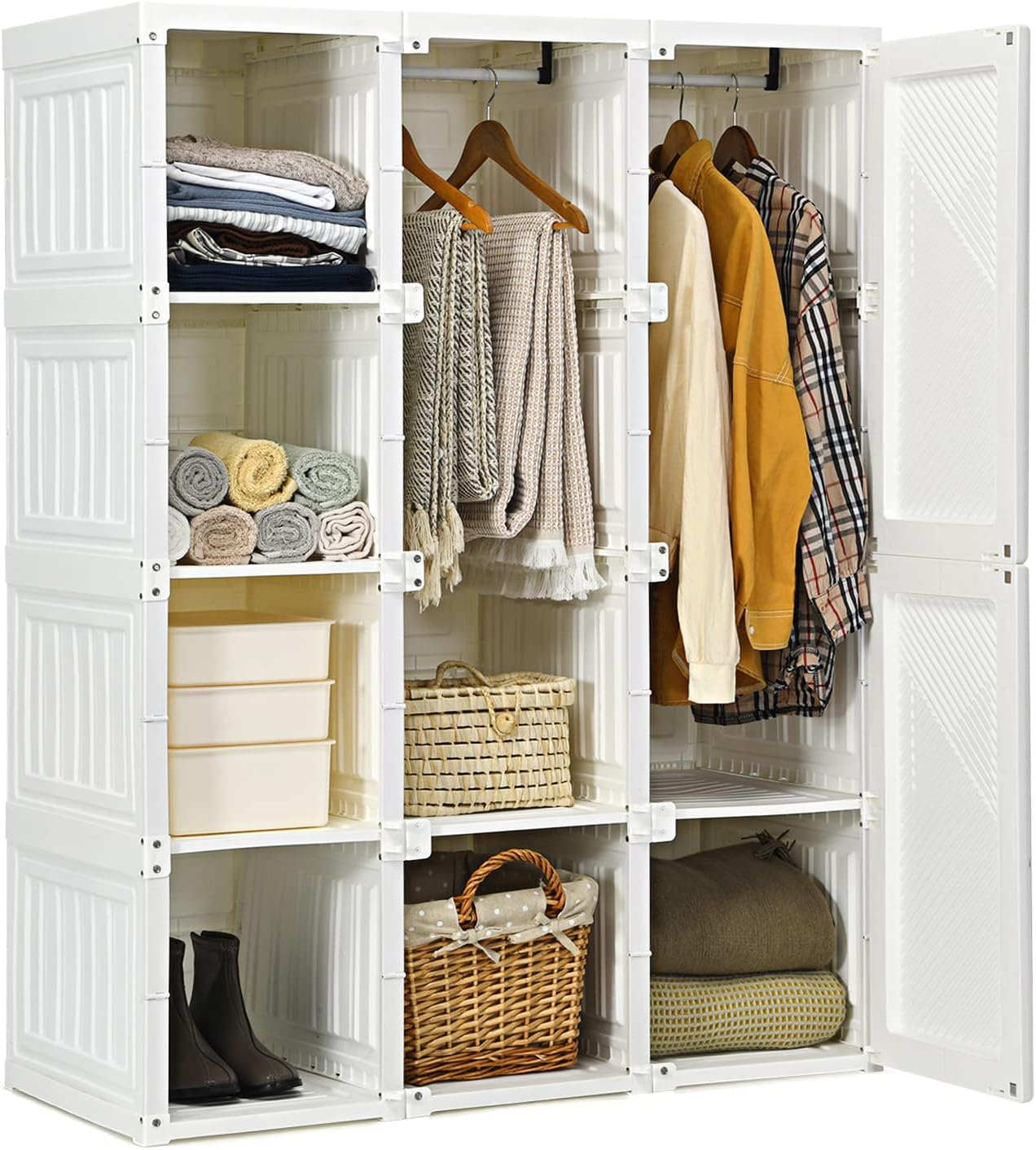 Tangkula Portable Closet Wardrobe, Foldable Clothes Organizer with Cubby Storage, Hanging Rods, Easy Assemble Clothing Storage with Magnet Doors, Folding Bedroom Armoire (8 Cubbies & 2 Rods)