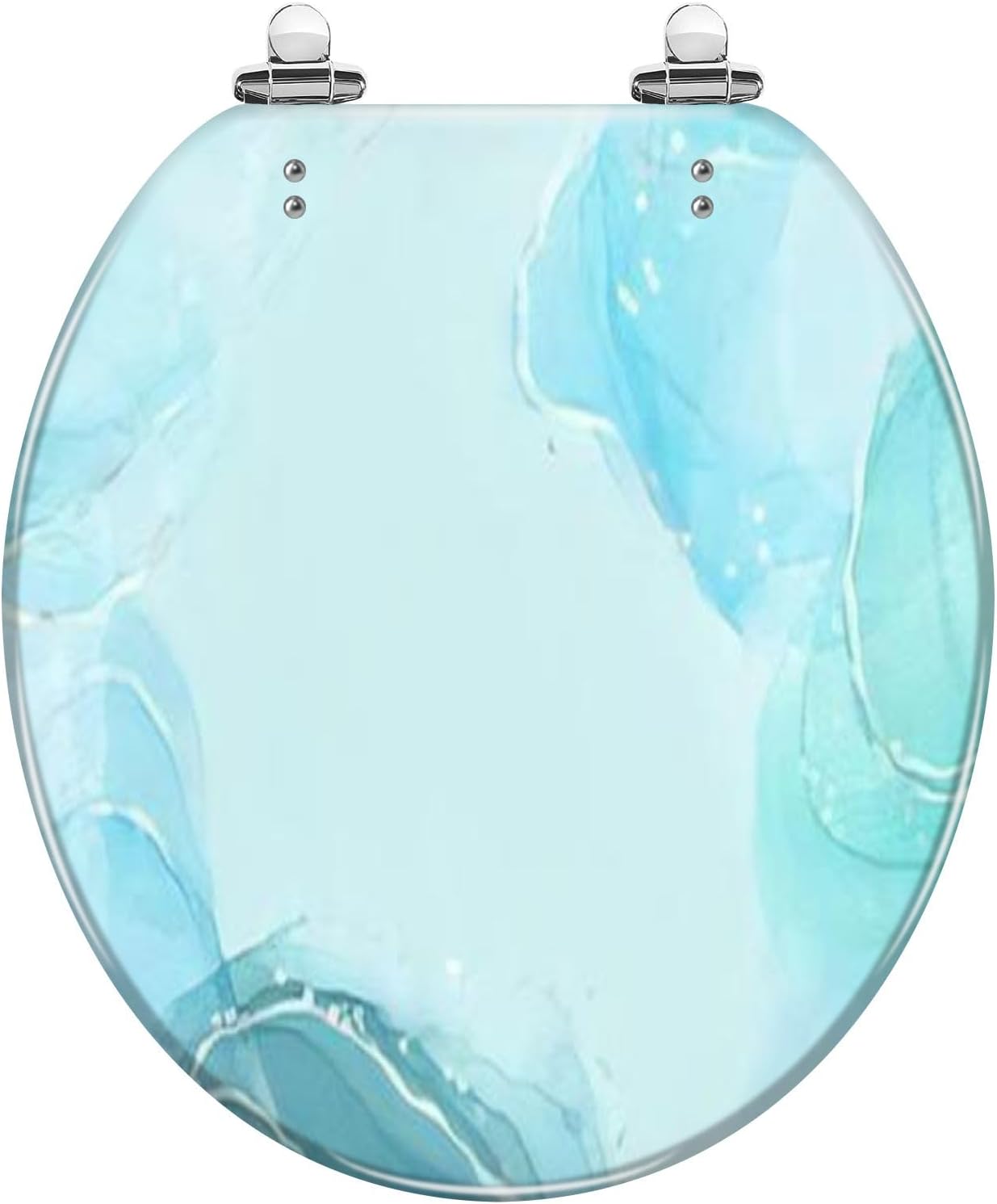 Round Toilet Seat Abstract turquoise teal blue liquid marbled watercolour silver lines Resin Toilet Seat Slow Quiet Close with Quick-Release Hinges Toilet Seat with Cover Easy to Clean Install