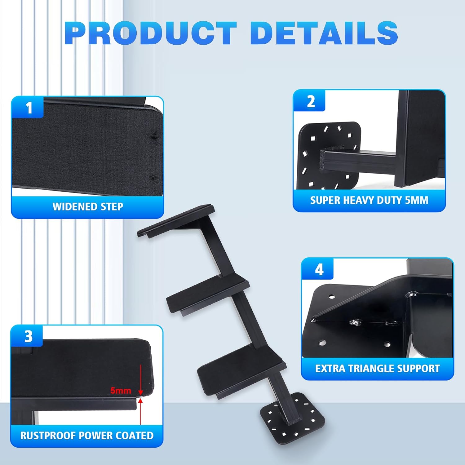 Boat Trailer Steps with Safety Handle Non-Slip Surface 4 Boat Steps for Boat Trailer Tongue Heavy Duty Steel Black Powder Coated 450 LBS Capacity Universal Fit Bass Boat, Pontoon Boat, Hunting Boat