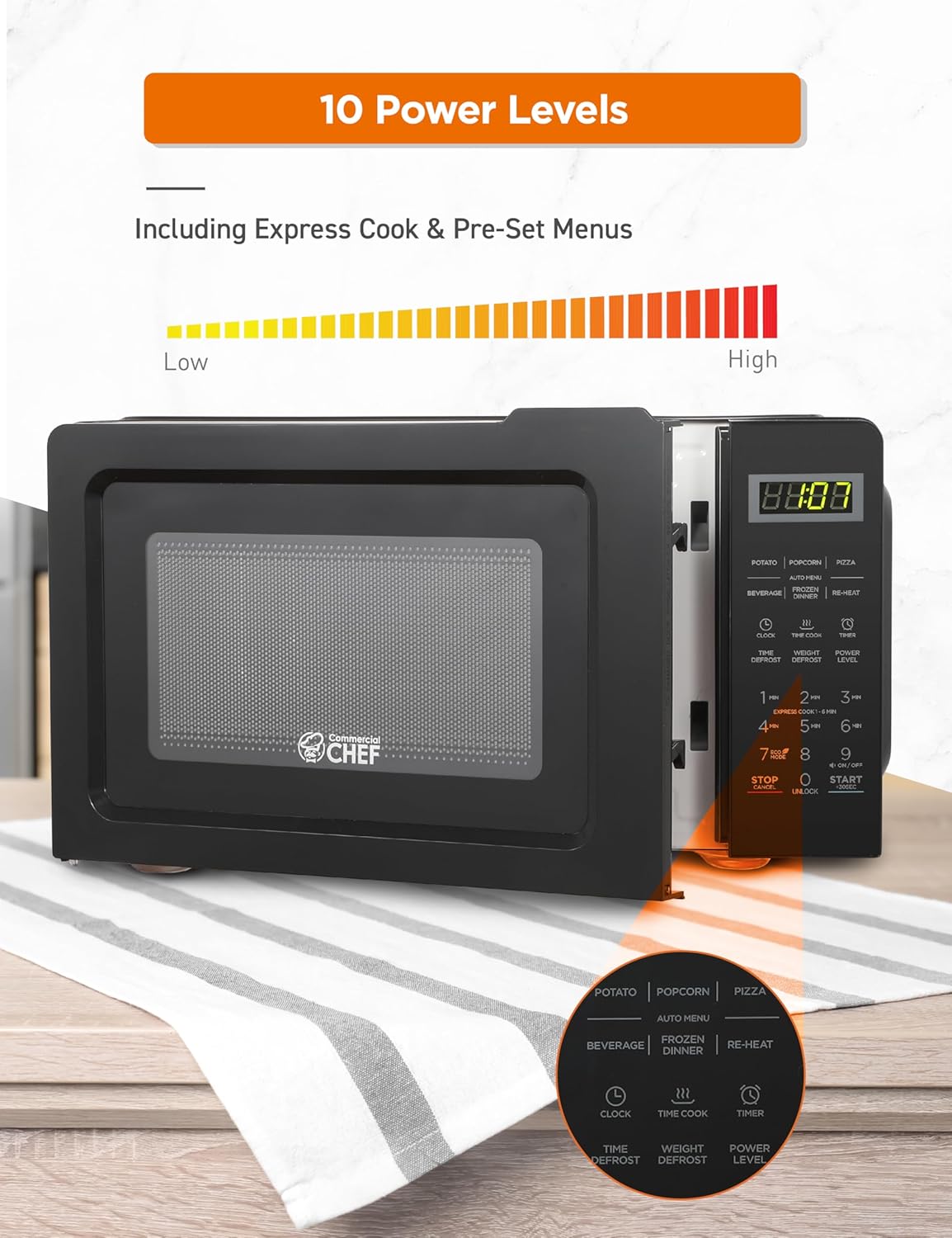 COMMERCIAL CHEF 0.7 Cubic Foot Microwave with 10 Power Levels, Small Microwave with Pull Handle, 700W Countertop Microwave up to 99 Minute Timer and Digital Display, Black