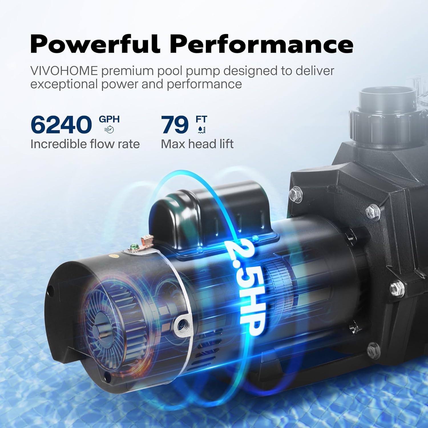 VIVOHOME 2.5HP 230V Pool Pump, Dual Speed with High Lift 79FT, Self-Priming DOE Energy Saving, 1.5