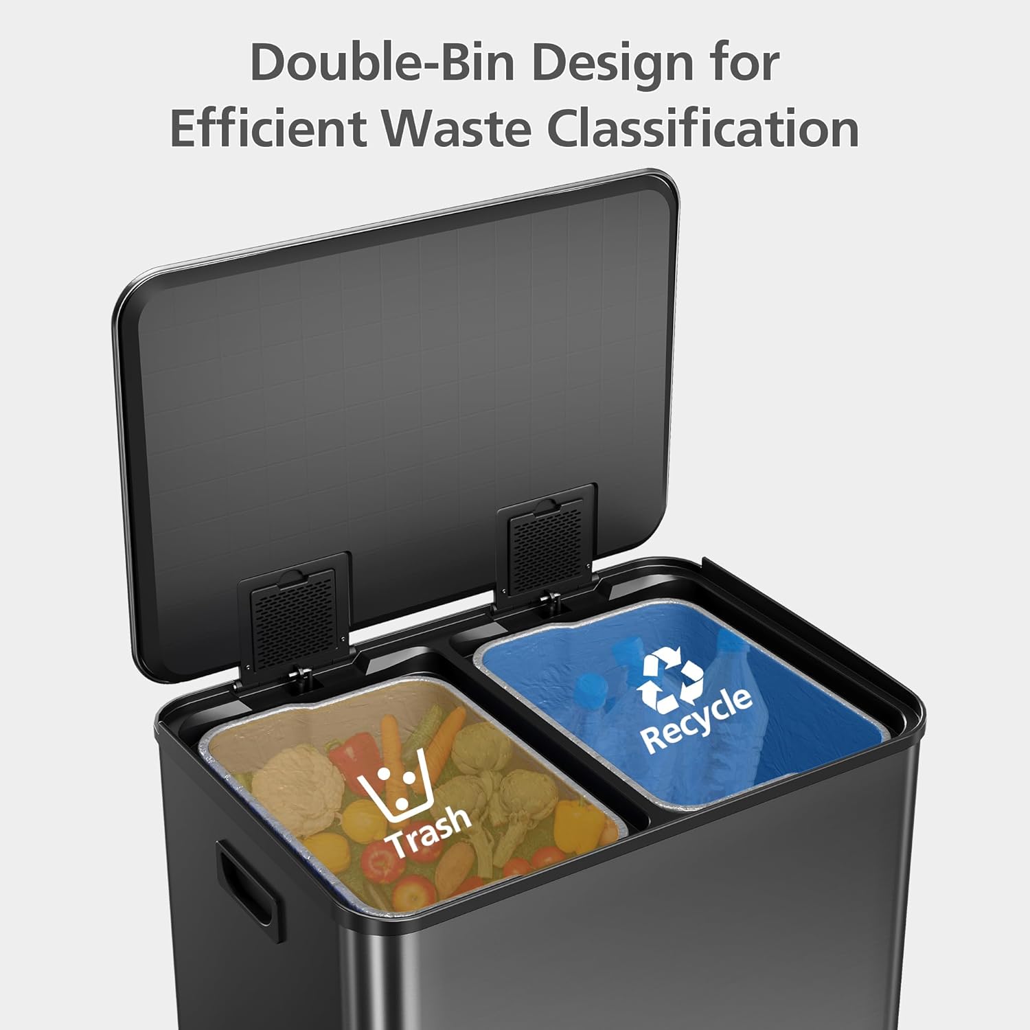 16 Gallon Dual Compartment Trash Can, Stainless Steel Recycling Bin with Soft-Close Lid, Step Rectangle Step Waste Container with Removable Inner Bucket for Kitchen, Dining Room, Black, 2x30L