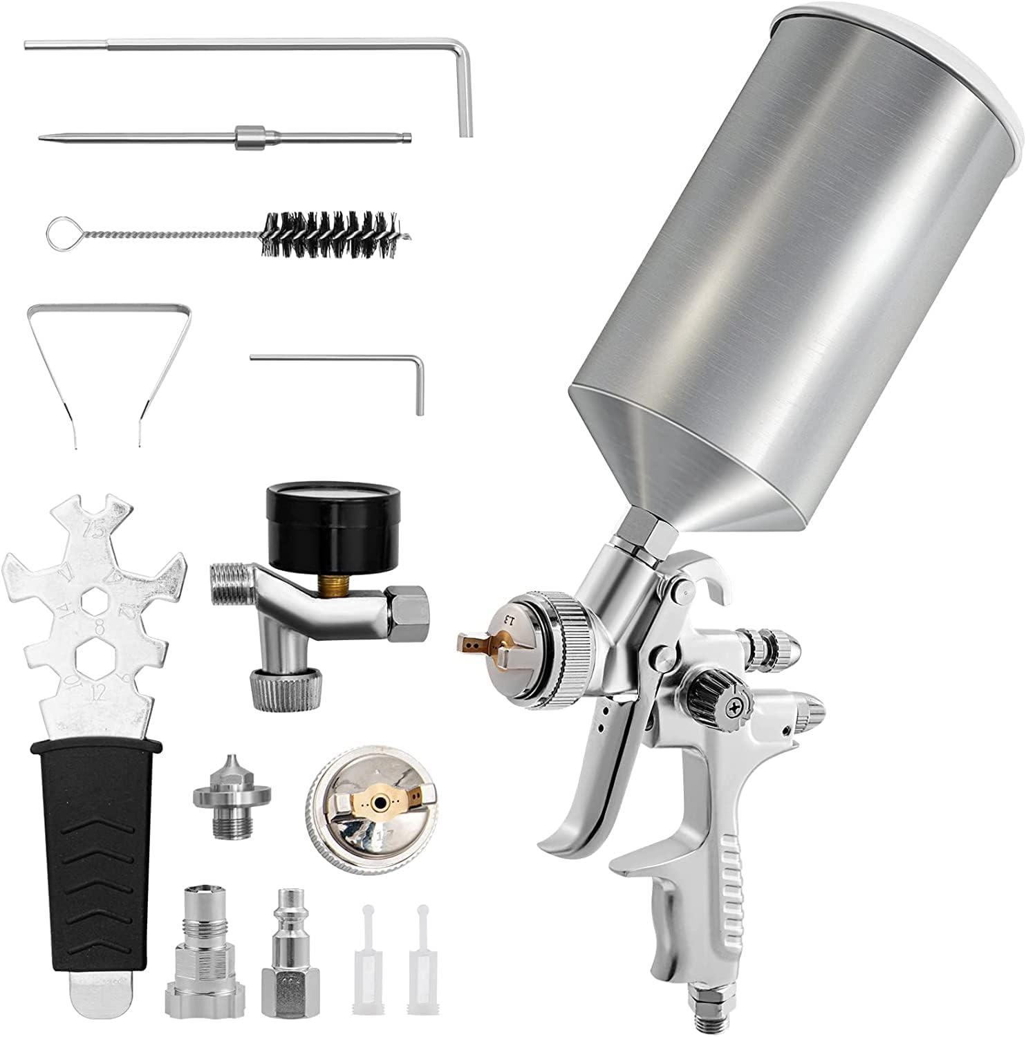 VEVOR HVLP Spray Gun, High Performance Automotive Paint Gun with 1.3/1.7mm Stainless Fluid Tip Sets, 1000cc Cup, MPS Adapter and Air Regulator for Primer, Clear & Top Coat, Touch Up
