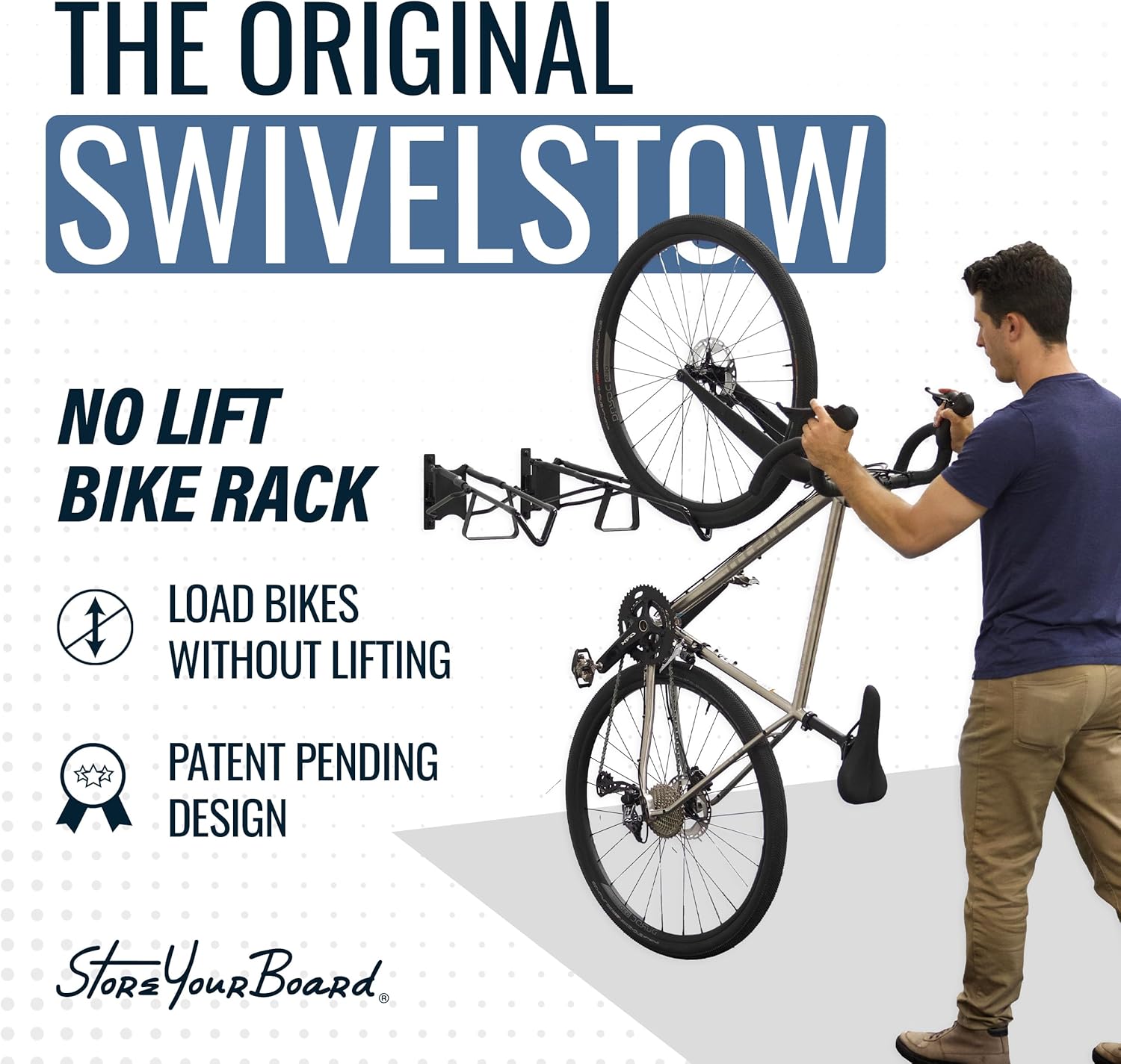 StoreYourBoard SwivelStow Bike Rack Garage Storage Rack 4 Pack - 2 MTB & 2 Road & Gravel Bike Wall Mounts - Heavy Duty Bike Hanger - No-Lift Bike Rack Garage Storage Rack - Holds 70 lb Capacity