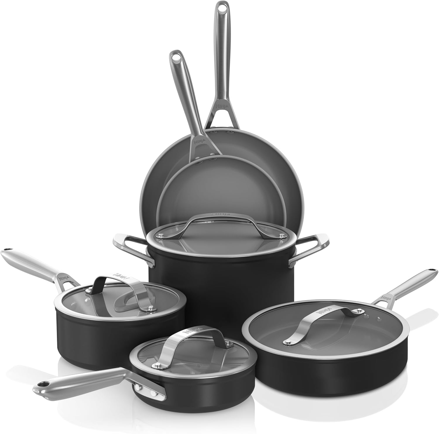 Ninja Ceramic Pro 14-Piece Cookware Set, Non-Stick Pots & Pans Set with Glass Lids, Nontoxic, PTFE Free, Ceramic Coated, Oven Safe, All Stovetops & Induction Compatible, Midnight Blue, CW39014MM