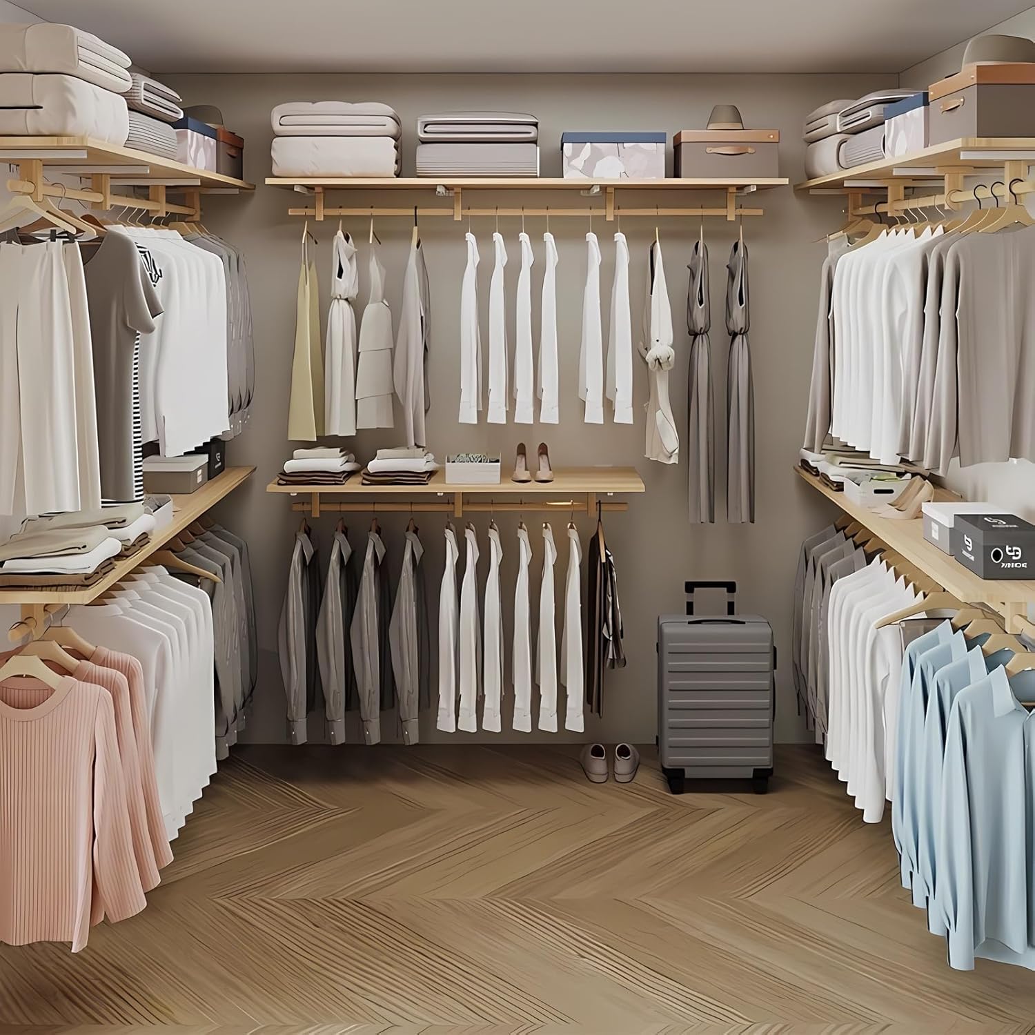 Mounted Closet Systems with Shelves, Closet Organizer System with Hanging Rods, Wall Mount Bedroom Wardrobe Walk-in Closet, Solid Wood Garment Rack (Wood color, 120cm/47.2in)