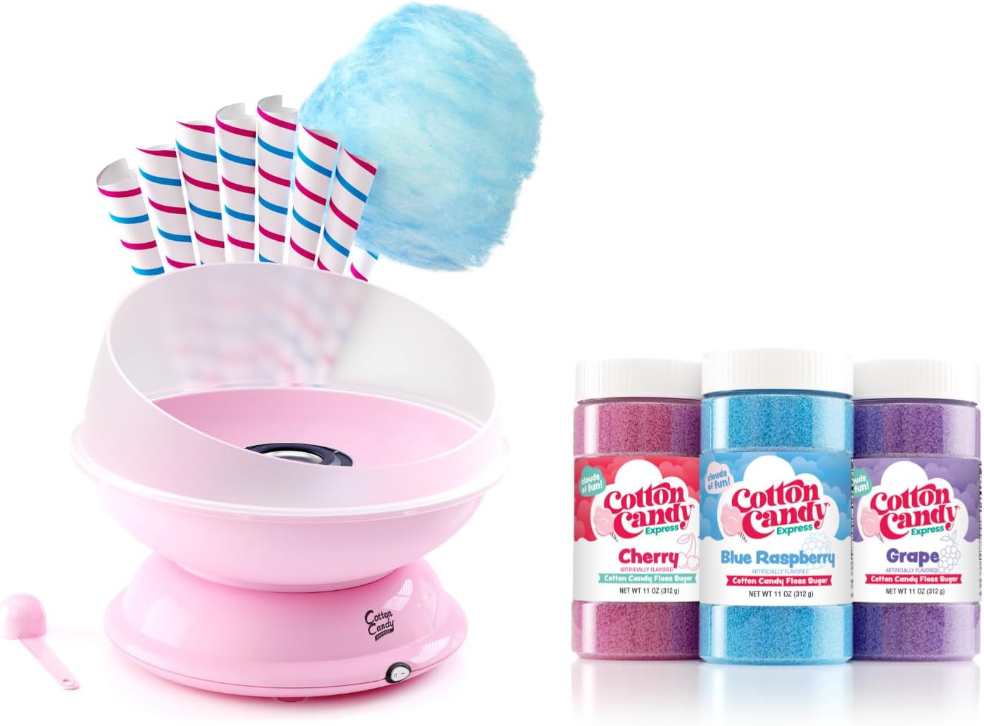 Cotton Candy Express CC1000-S Cotton Candy Machine, with 5 - 11oz. Jars of Cherry, Grape, Blue Raspberry, Orange, Pink Vanilla Floss Sugar & 50 Paper Cones Easy to Use and Clean