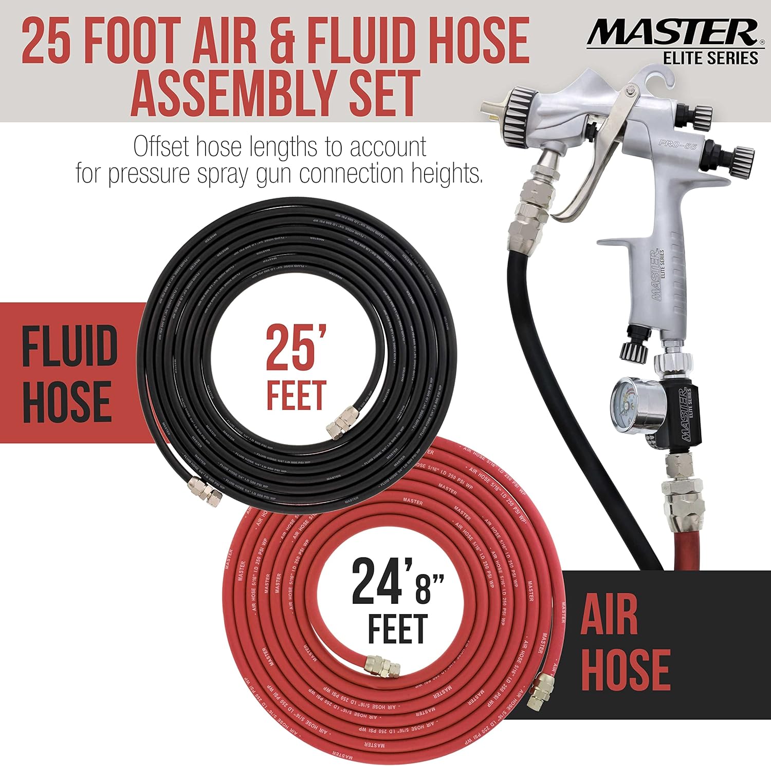 Master Elite Series 25 Foot Air and Fluid Hose Assembly Set with Fittings for Spray Guns, Paint Pressure Pot Tanks, Professional Heavy Duty - Air 3/8
