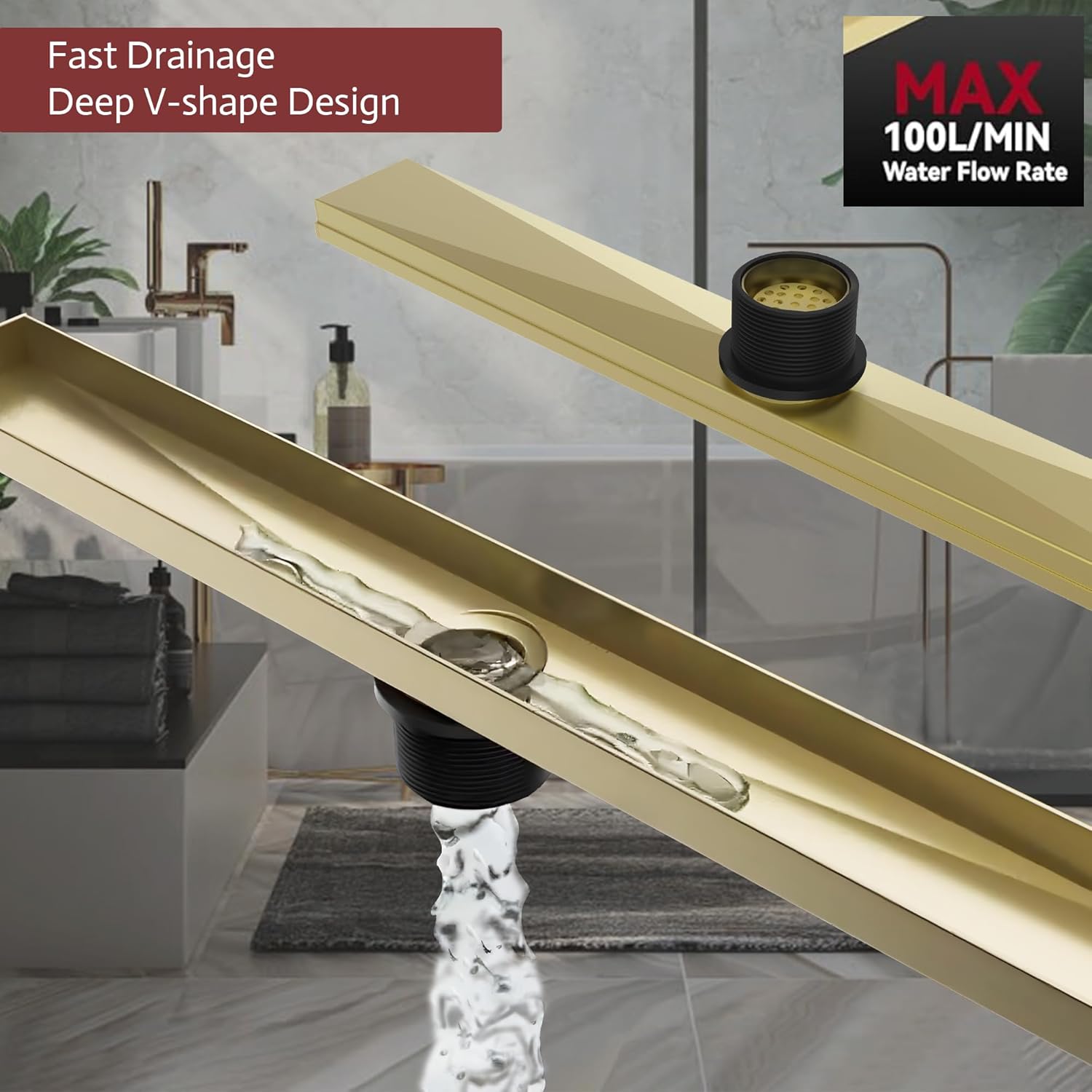 24 Inch Linear Shower Drain, Brushed Gold Shower Drain,Removable Grate, 304 Stainless Steel, Easy to Install and Clean for Bathrooms (Drain Base Not Included), LSD-21A-24G