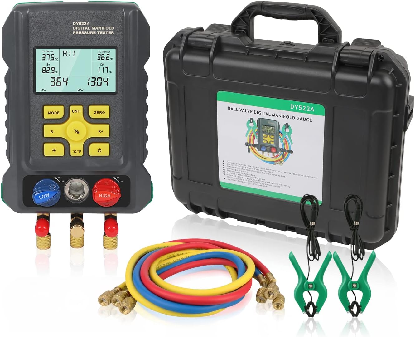Digital Manifold Gauge with 93 Refrigerant Data,Digital Manifold HVAC Gauge Set for Pressure&Temperature Test, Digital Refrigerant HVAC Gauge with Upgraded Ball Valve&Hoses&Temp Clamps&3.5