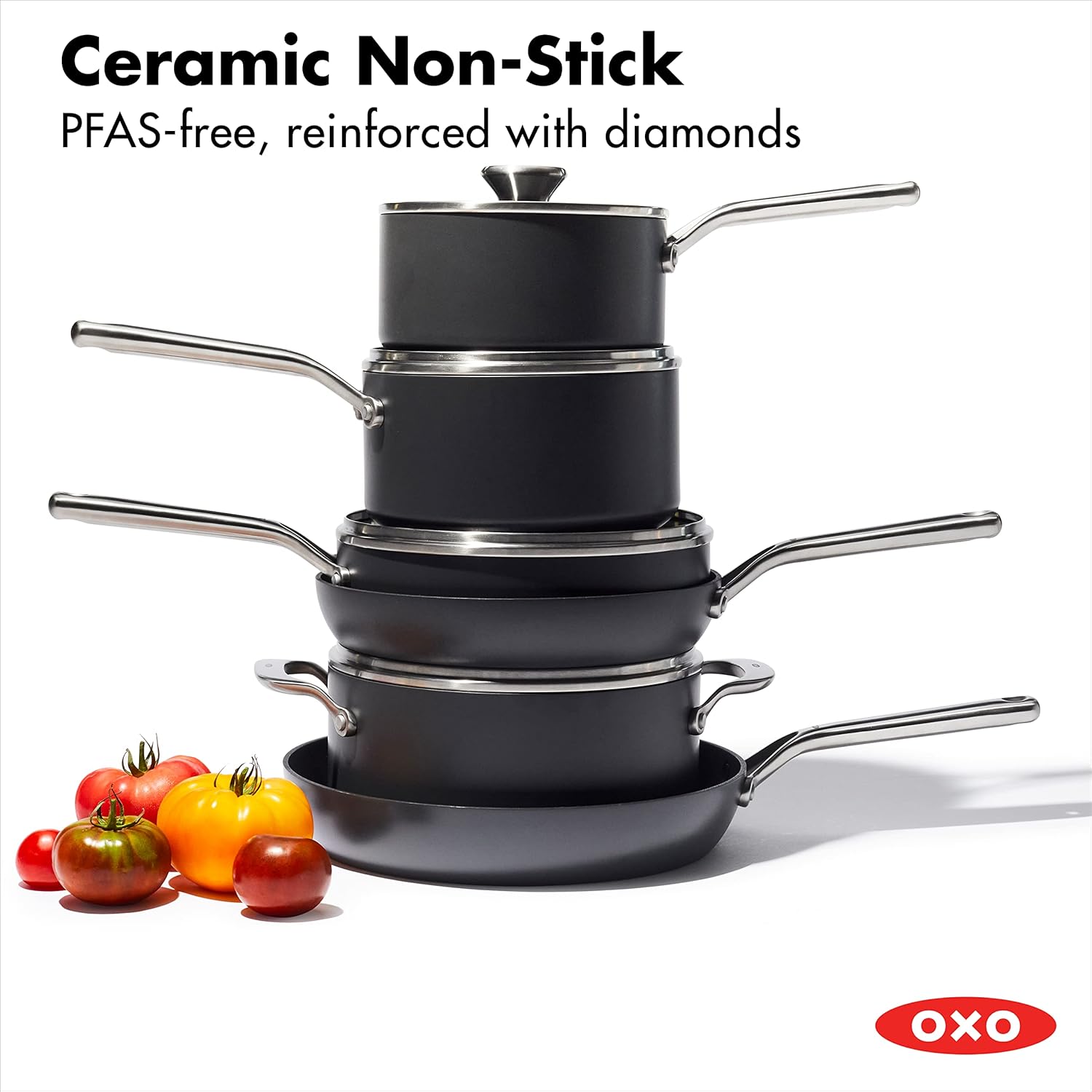 OXO Professional 10 Piece Cookware Pots and Pans Set, Hard Anodized Ceramic Nonstick PFAS-Free,Stainless Steel Handles,Induction,Skillets,Saute,Diamond Reinforced Coating,Dishwasher & Oven Safe,Black
