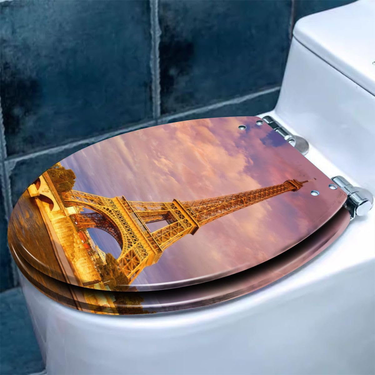 Colored Toilet Seat with Slow Close, tower at sunset Paris France Resin Toilet Seats, Easy to Install, Easy to Clean Heavy Duty Deluxe Toilet Seat